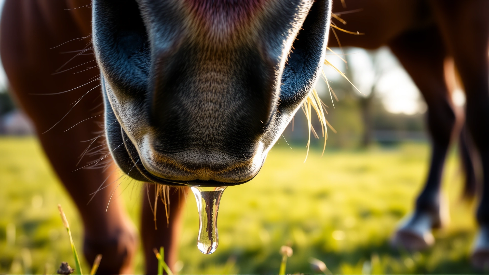 Close-up shot of a horse’s muzzle with clear drool dripping onto the grass, shot at eye level, morning light.