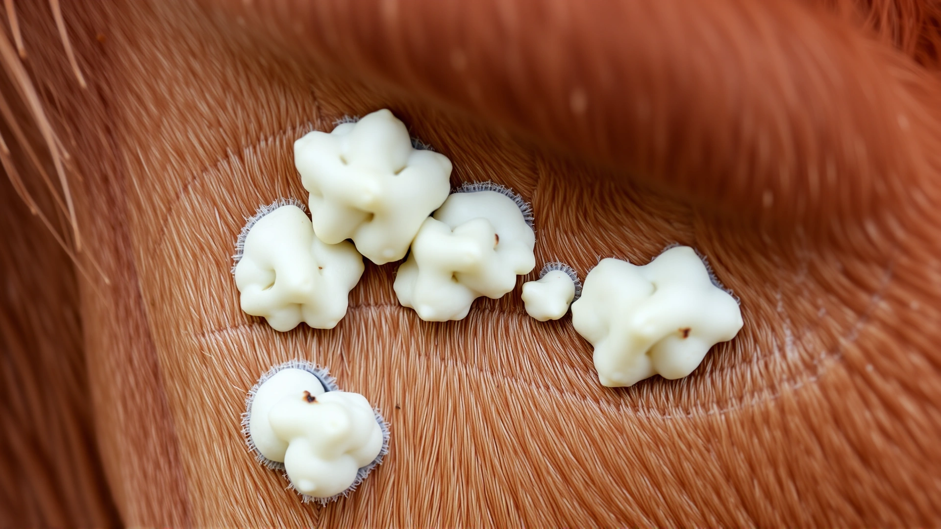 Macro photograph of the inner surface of a horse’s ear showing white cauliflower-like plaques to illustrate aural plaque lesions.