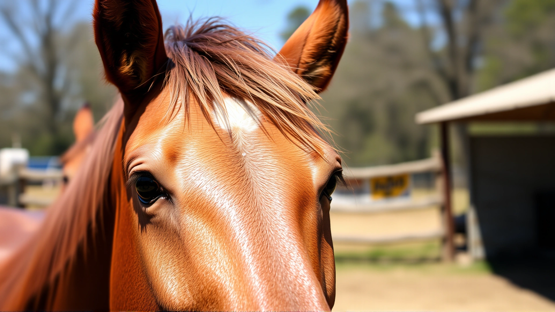 Close-up photo of a bay horse’s head focusing on its ears pricked forward, sunny paddock background, shallow depth of field.