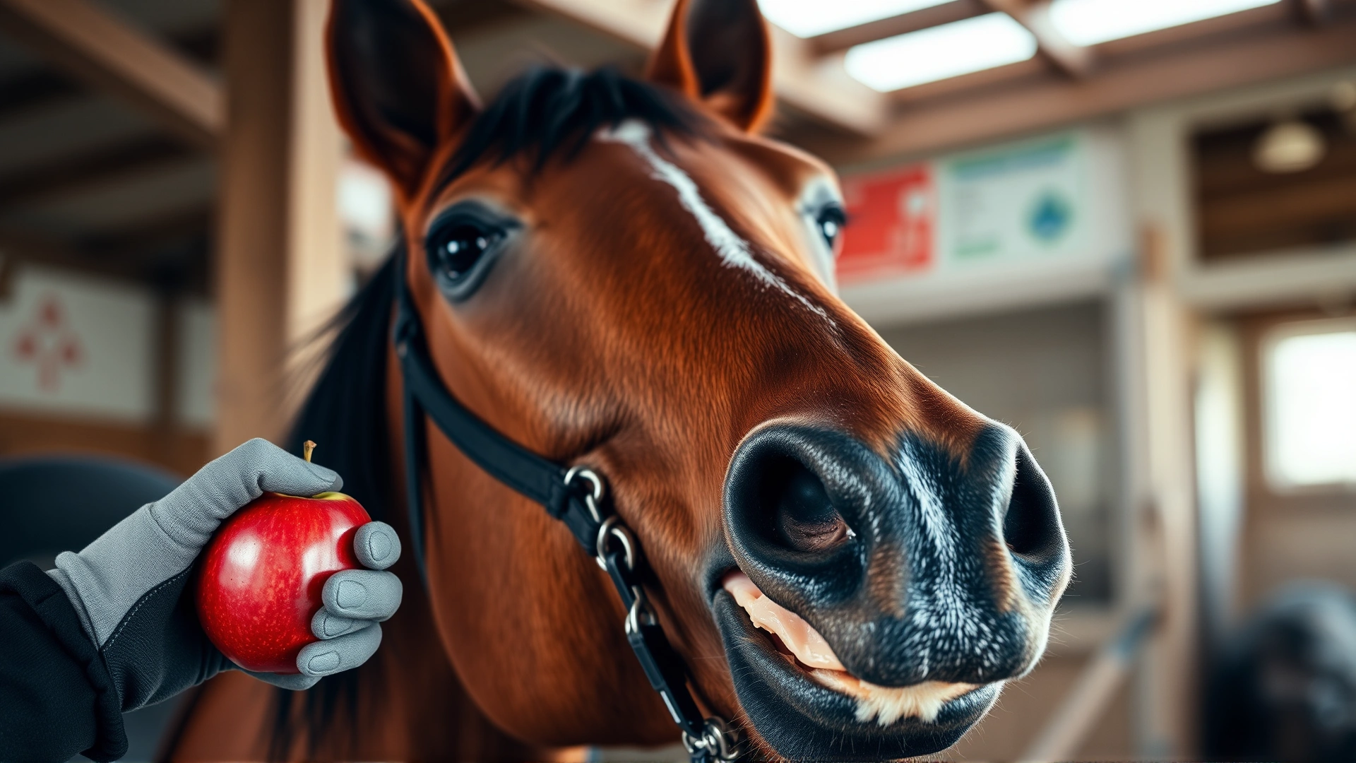 Close-up of a bay horse happily biting into a red apple held by a rider wearing riding gloves, stable interior blurred in background.