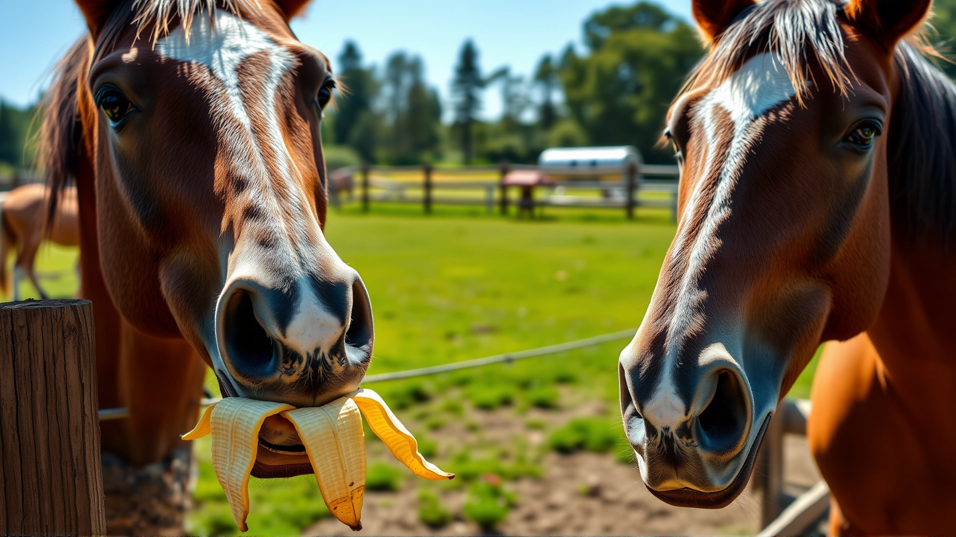 Close-up of a bay horse chewing on a peeled banana while standing near a wooden fence in a paddock, bright daylight, no text