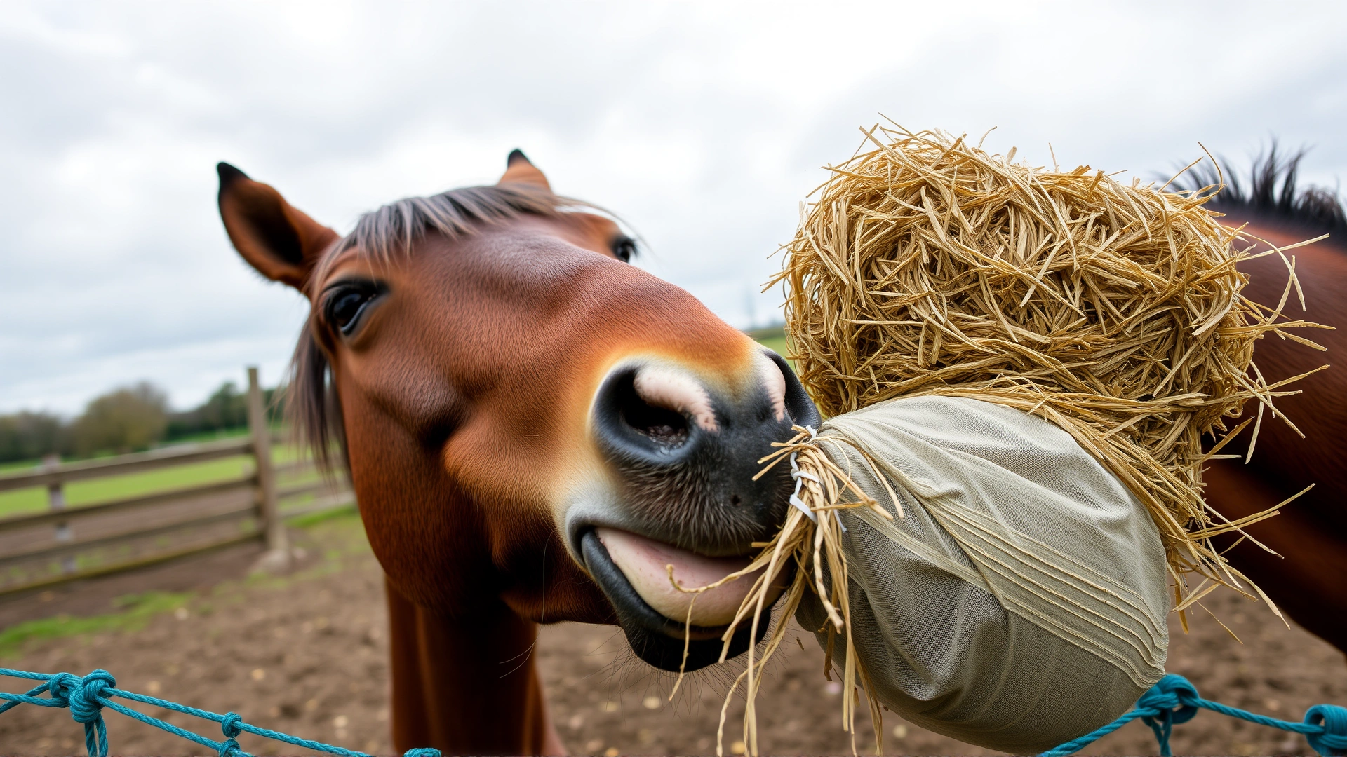Brown horse eating wrapped haylage from a net in an outdoor paddock on a cloudy day; focus on mouth and haylage texture