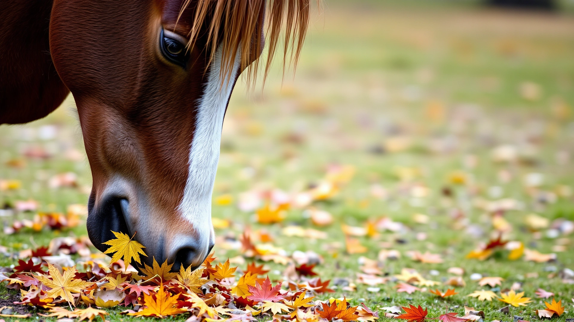 Horse lowering its head to sniff or nibble at fallen maple leaves, captured from the side to show context of potential ingestion.