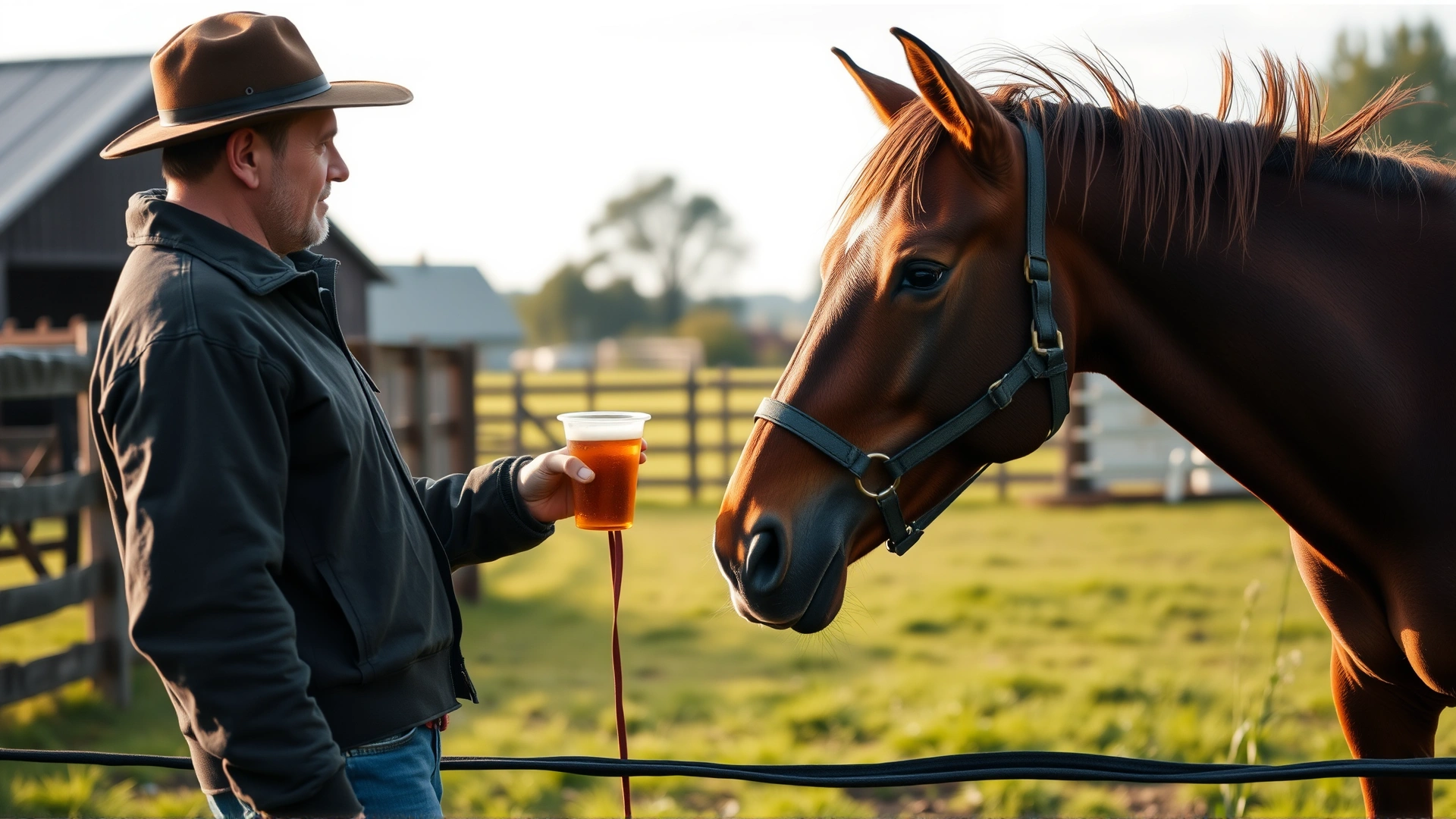 A friendly brown horse standing next to its owner who is gently offering a small plastic cup of beer in a pastoral farm setting; soft afternoon light, candid moment.