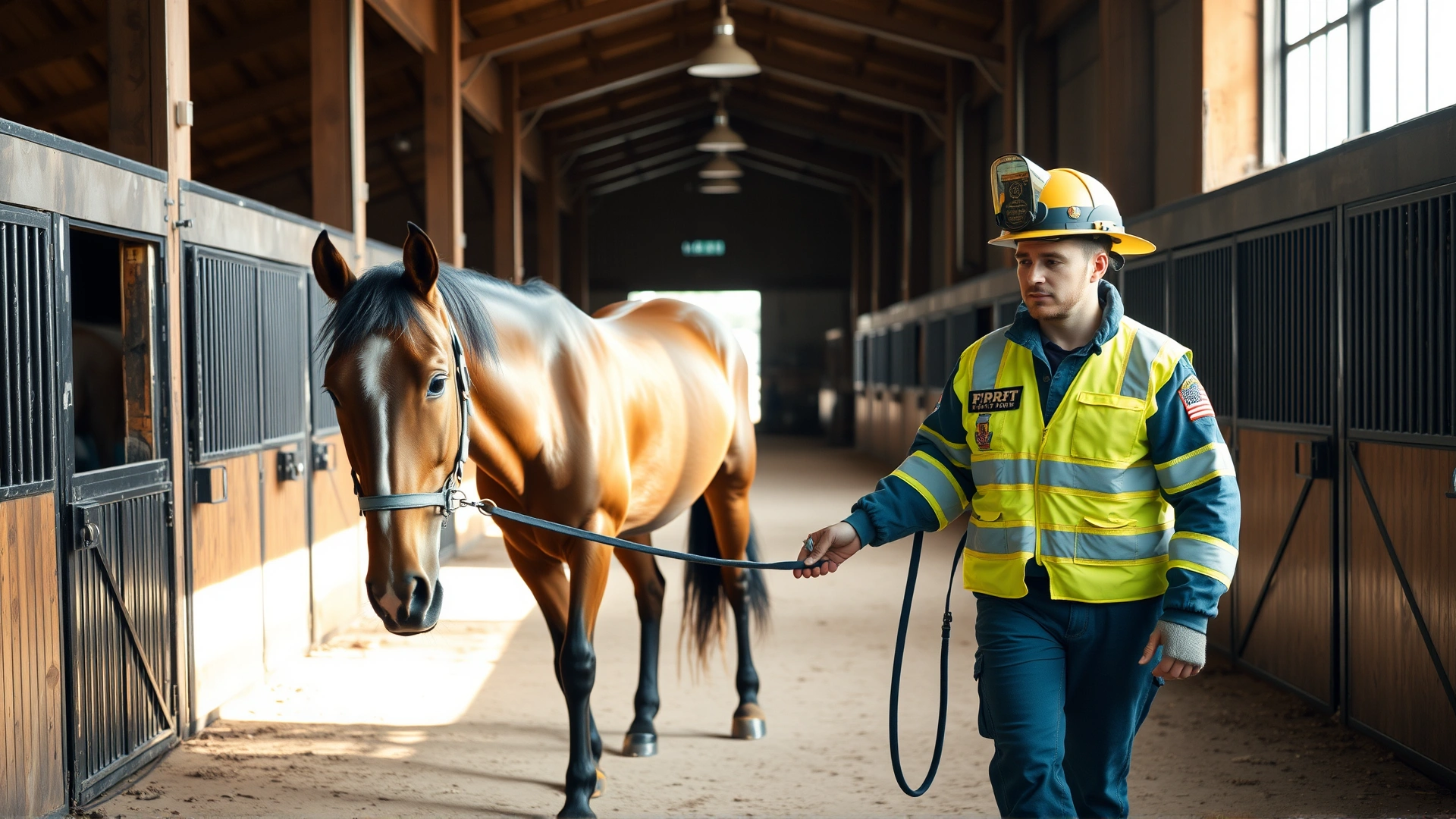 Stable worker calmly leading a bay horse with a reflective halter through a wide barn aisle during a daylight fire drill