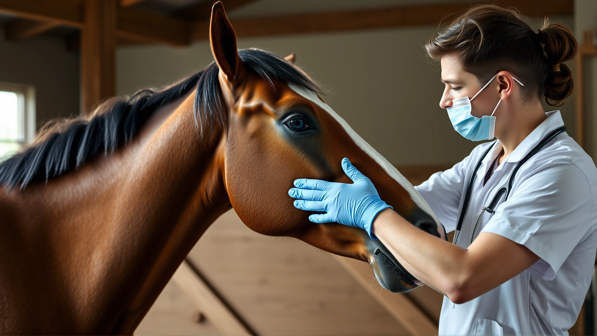 Veterinarian palpating the side of a bay horse’s face during a neurological exam inside a stable, natural light, detailed, no text