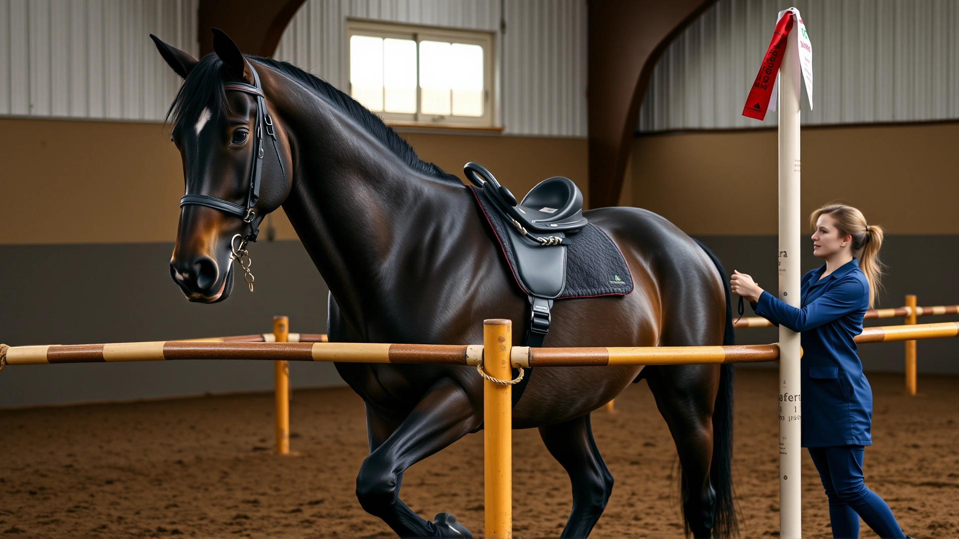 Equine physiotherapist guiding a dark brown horse through controlled pole work in an indoor arena, soft footing, dynamic but clear shot, no text