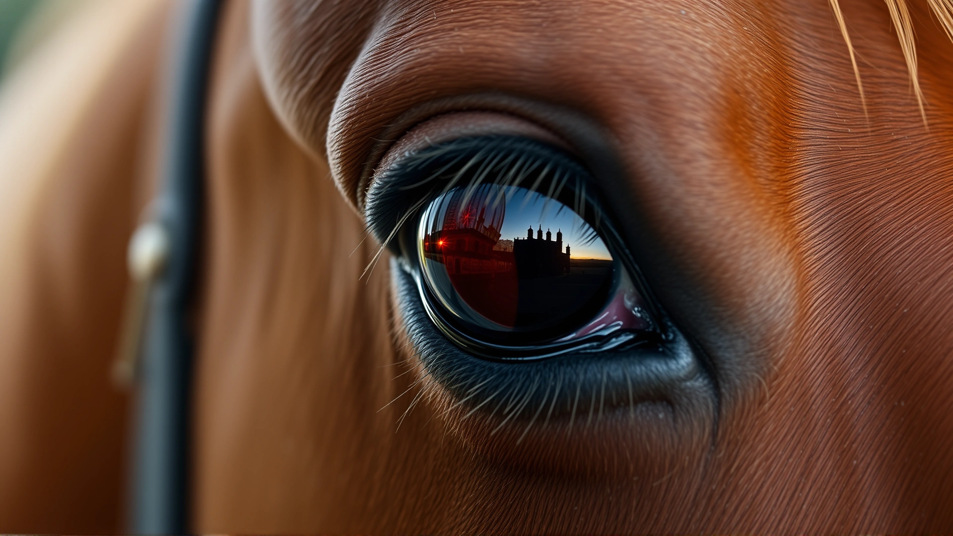 Close-up photograph of a brown horse's eye showing mild redness in the conjunctiva, shot in soft natural light for educational veterinary content