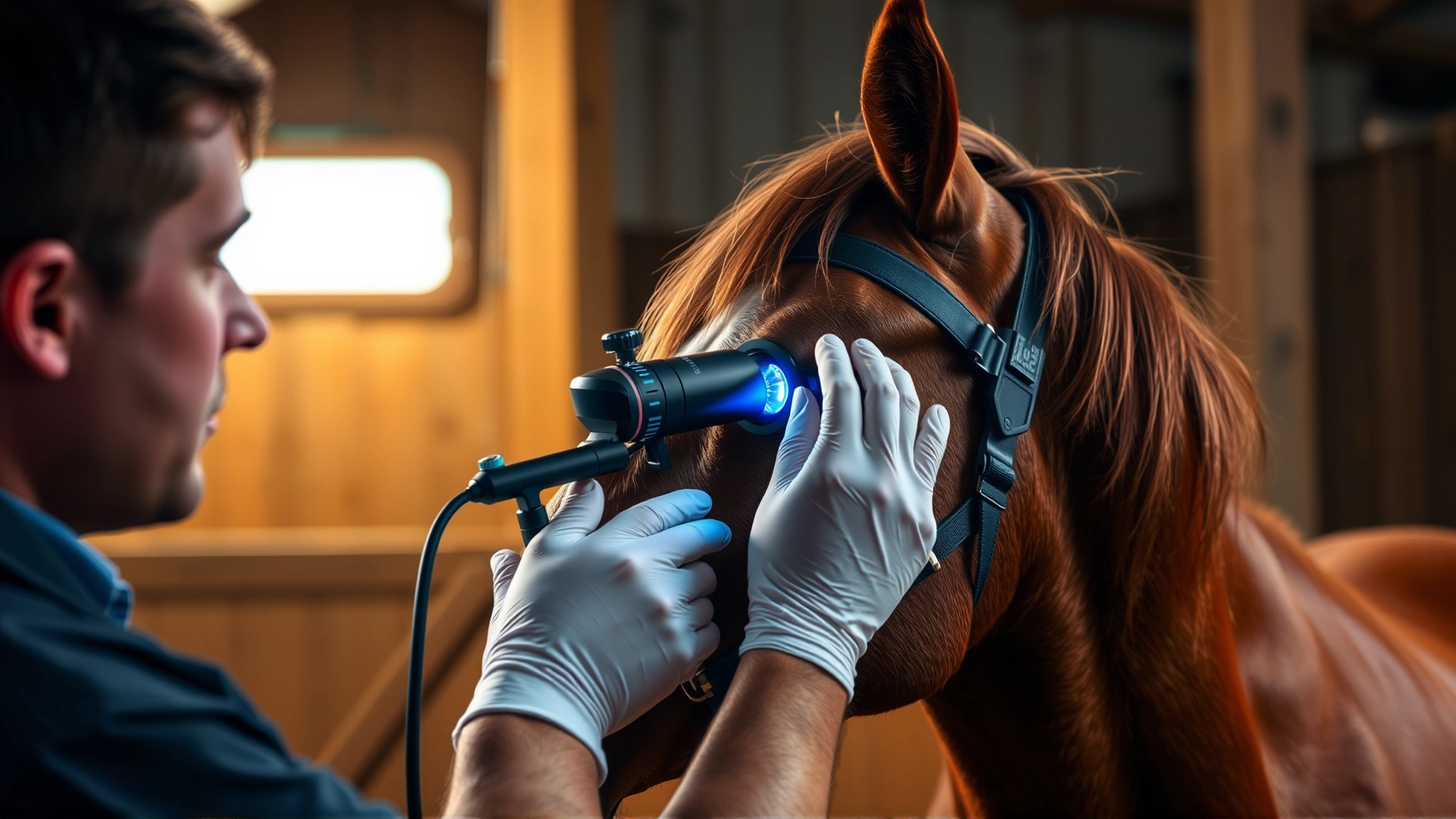 A veterinarian performing an eye examination on a chestnut horse using a handheld ophthalmoscope inside a barn, warm ambient lighting.