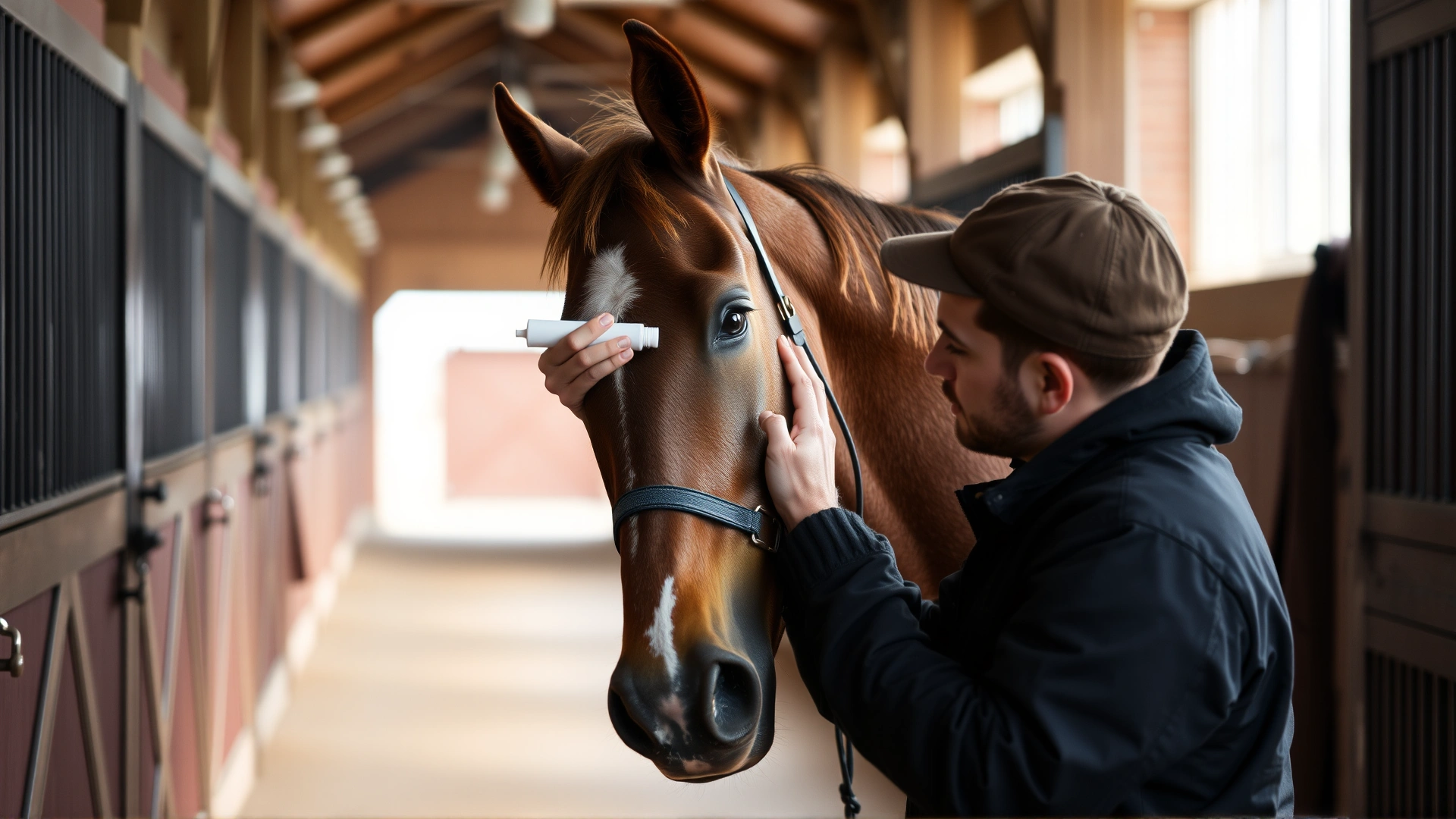 Handler applying an ophthalmic ointment to a cooperative bay horse's eye while standing in a well-lit barn aisle