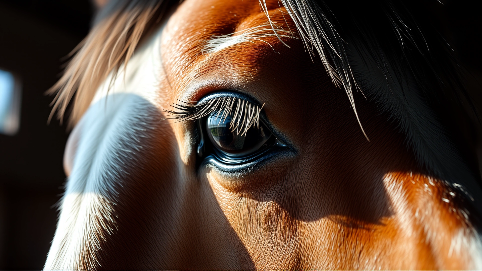 Macro shot of a calm horse’s eye with visible eyelashes and a reflection of the stable environment, soft natural light.