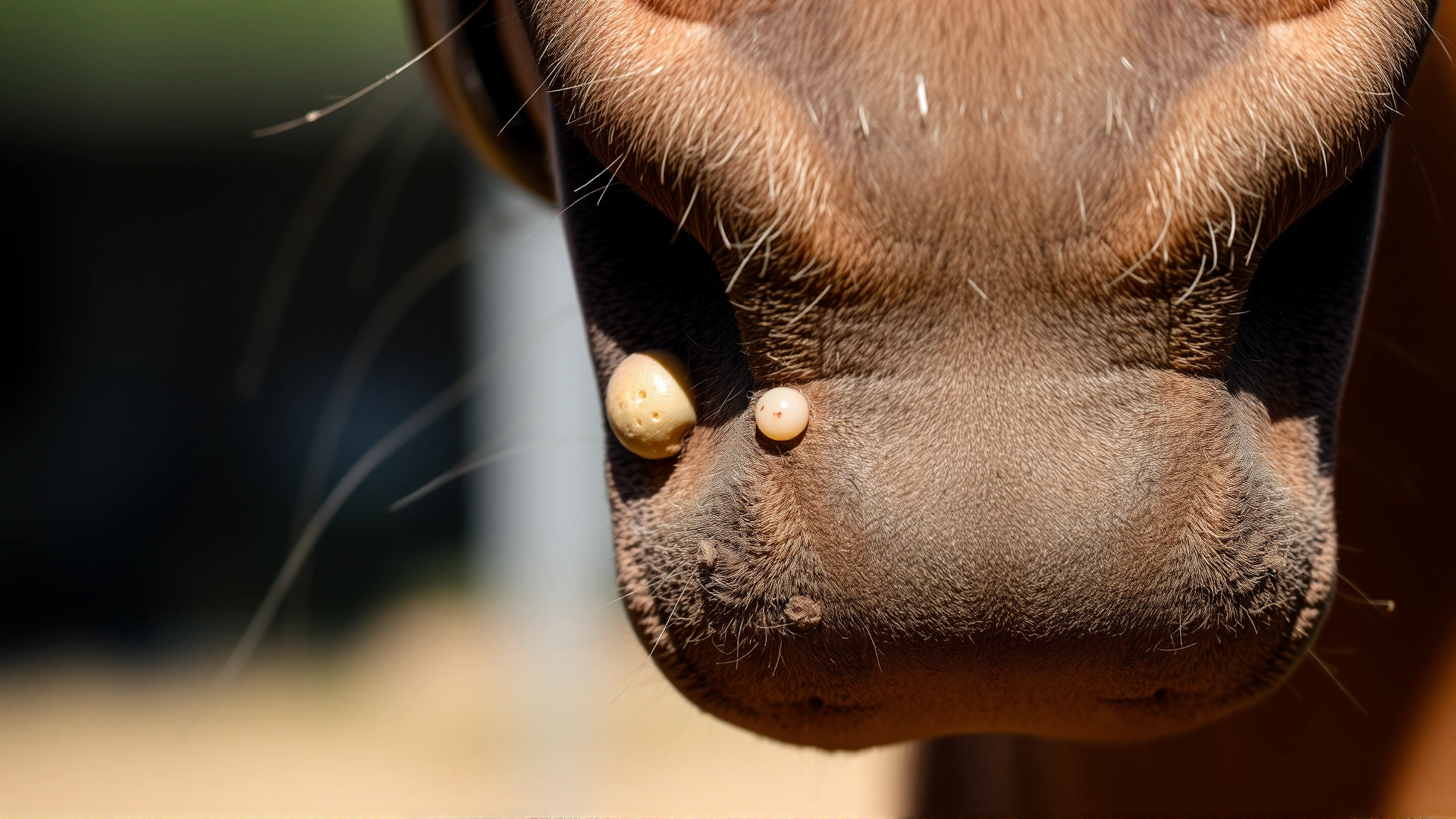 Macro shot of a horse's muzzle showing a few small wart lesions, taken in daylight, high clarity.