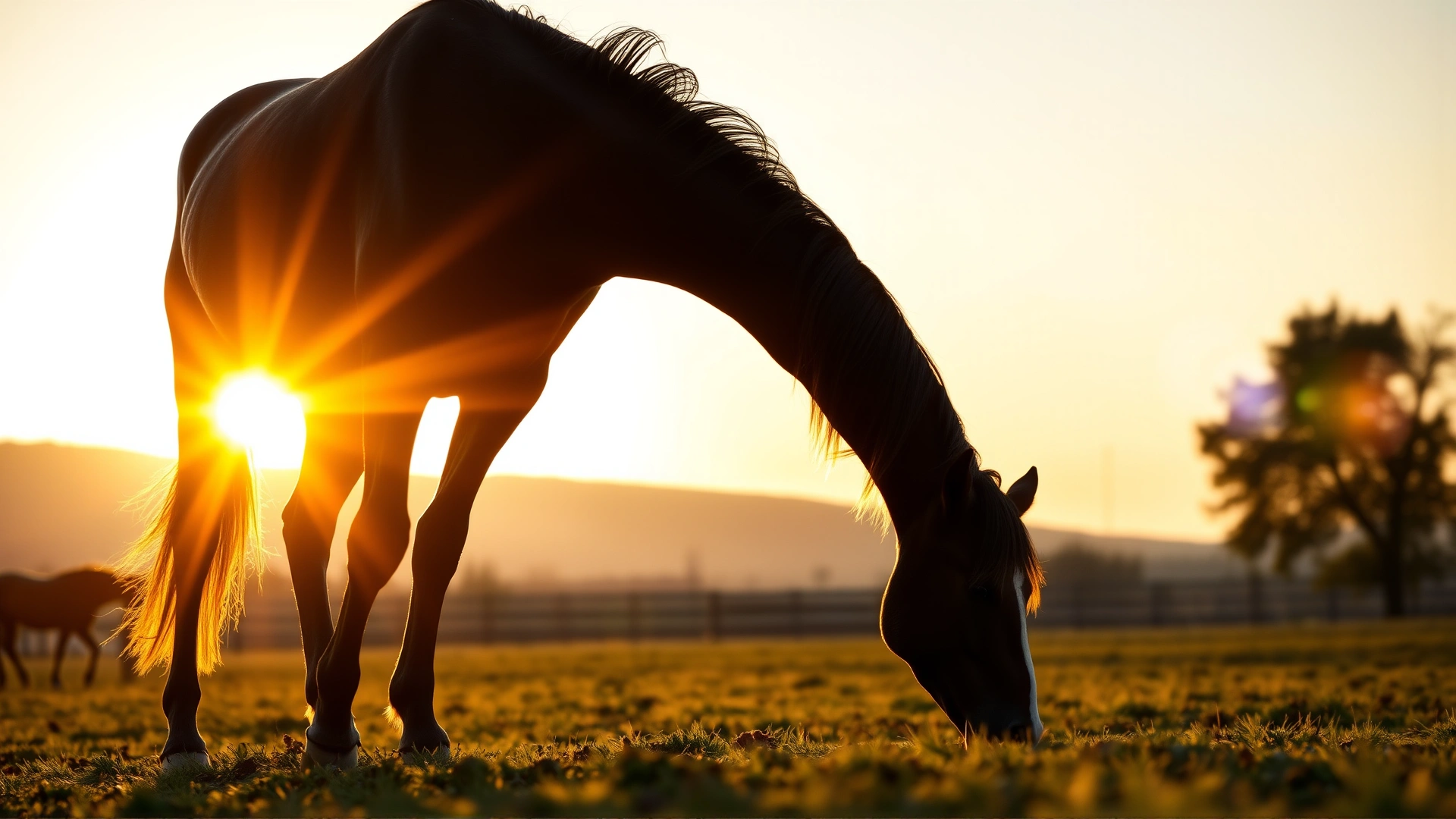 Silhouette of a relaxed horse grazing in an open paddock during golden sunset hour, symbolizing successful management and calmness.