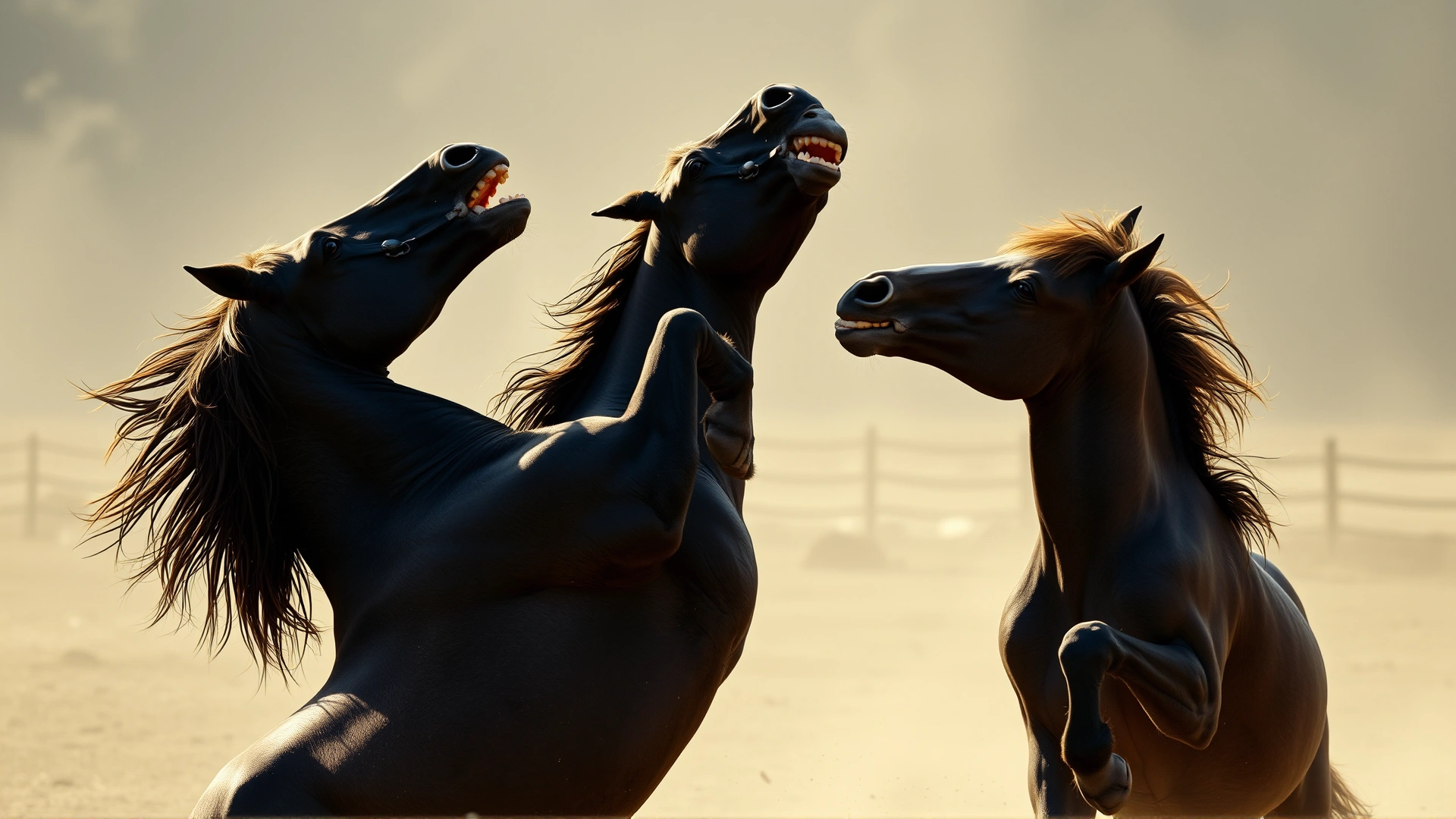 Two stallions rearing and biting at each other's necks in a dusty paddock, their manes flared, demonstrating protective function during fights.