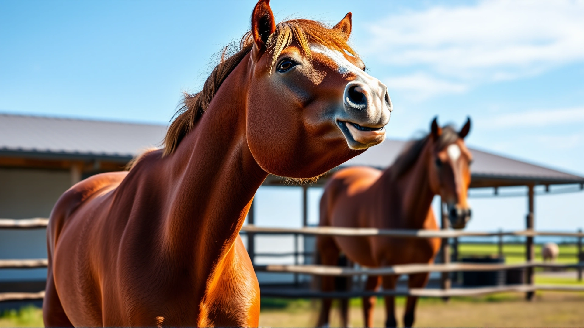 Chestnut horse standing in a paddock performing the Flehmen response, head lifted high with curled upper lip, blue sky background