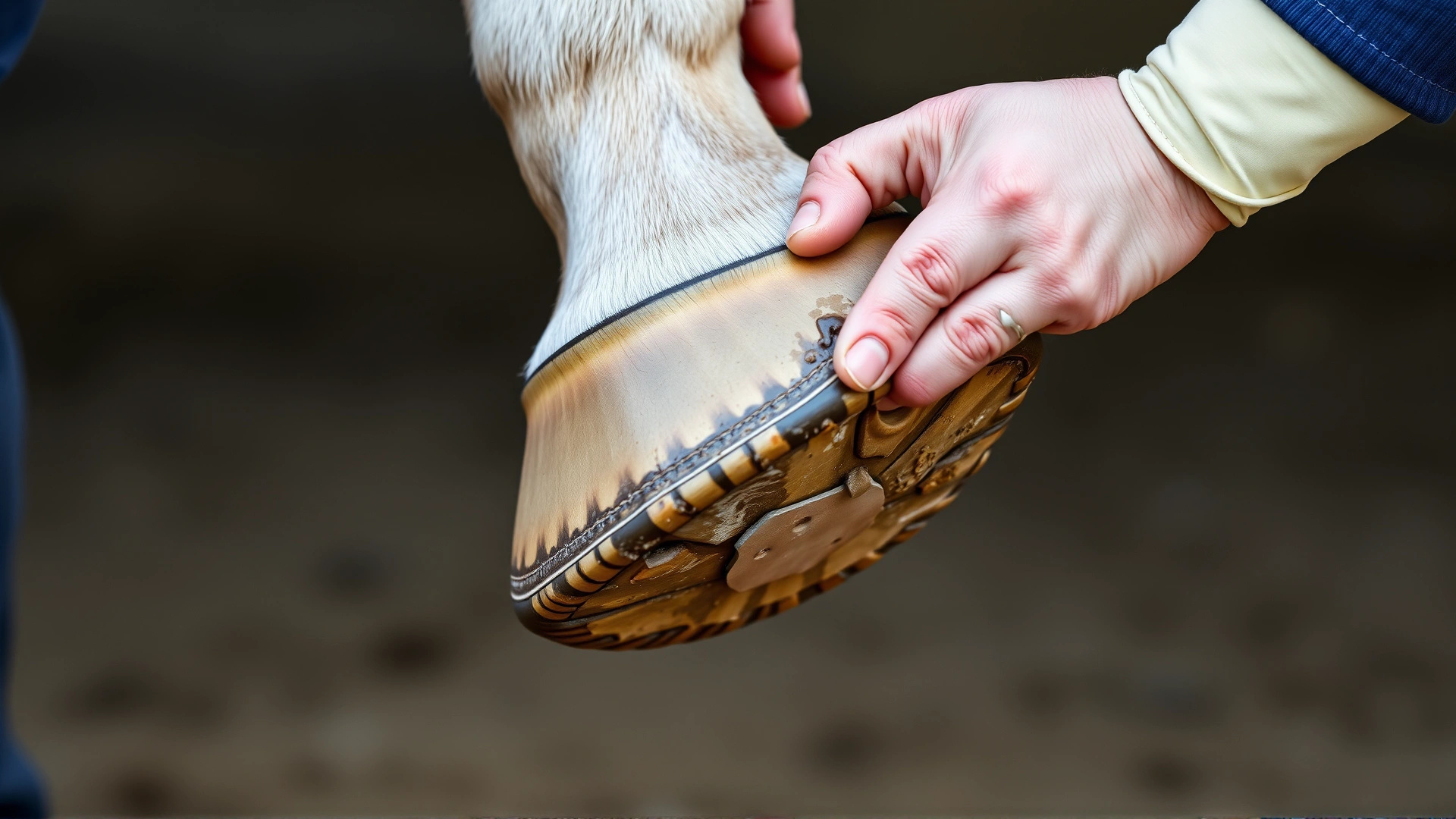 Close-up shot of a horse's hoof being gently lifted by a caretaker, showing clean sole and frog