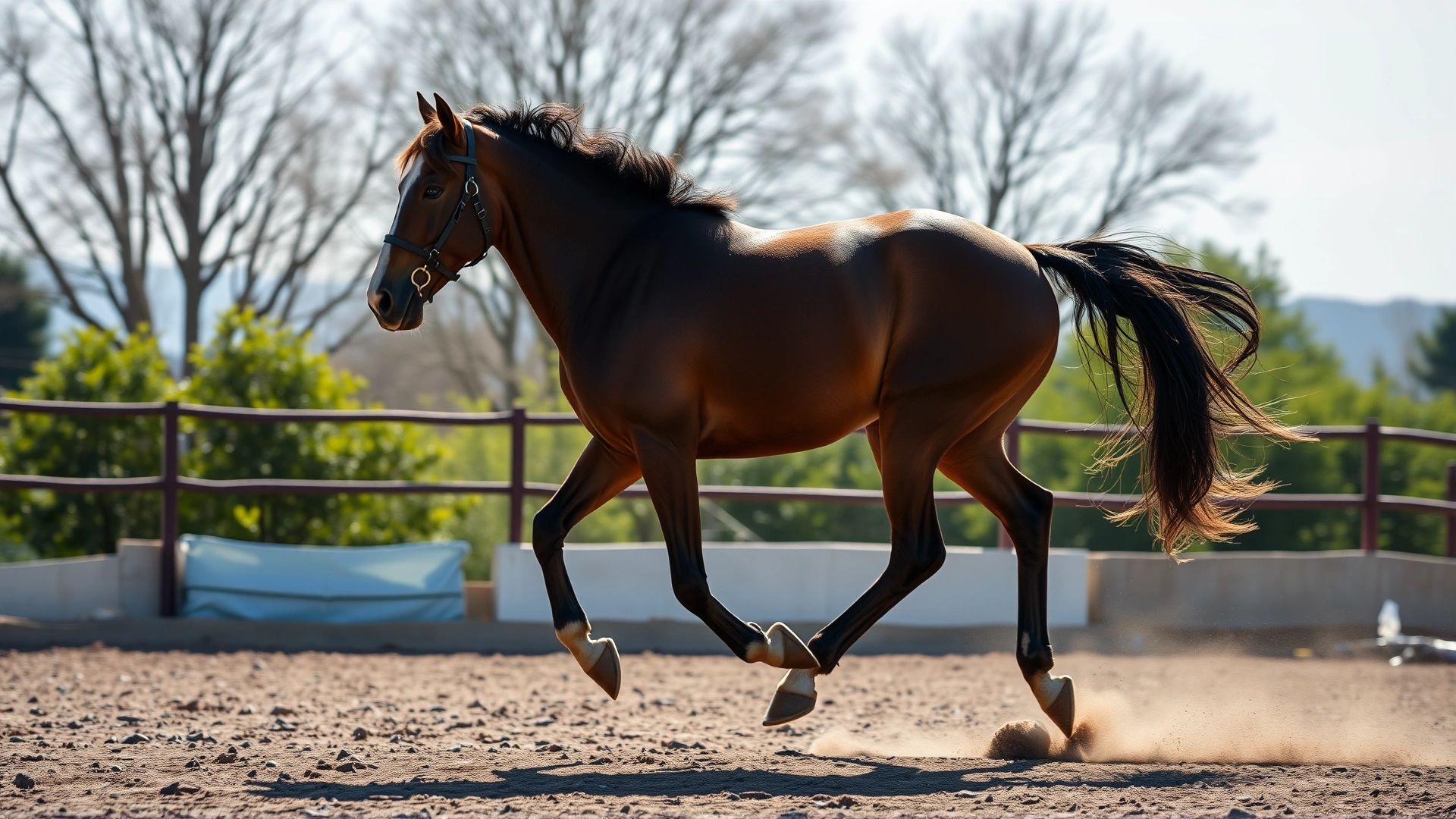 Side profile photo of a horse trotting gracefully in an outdoor arena, dust softly rising under the hooves.
