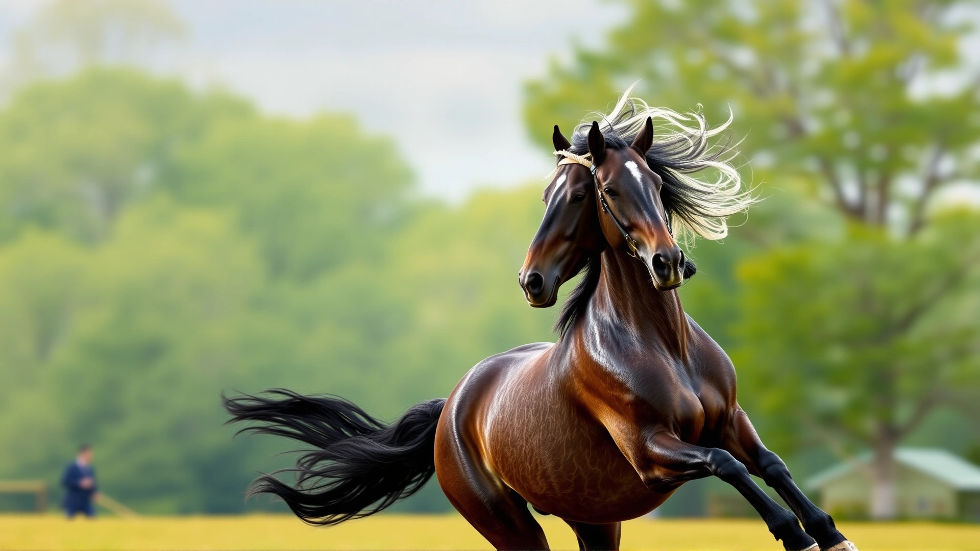 Friesian horse captured mid-gallop on an open field, mane and tail flying, illustrating the breed’s power and grace