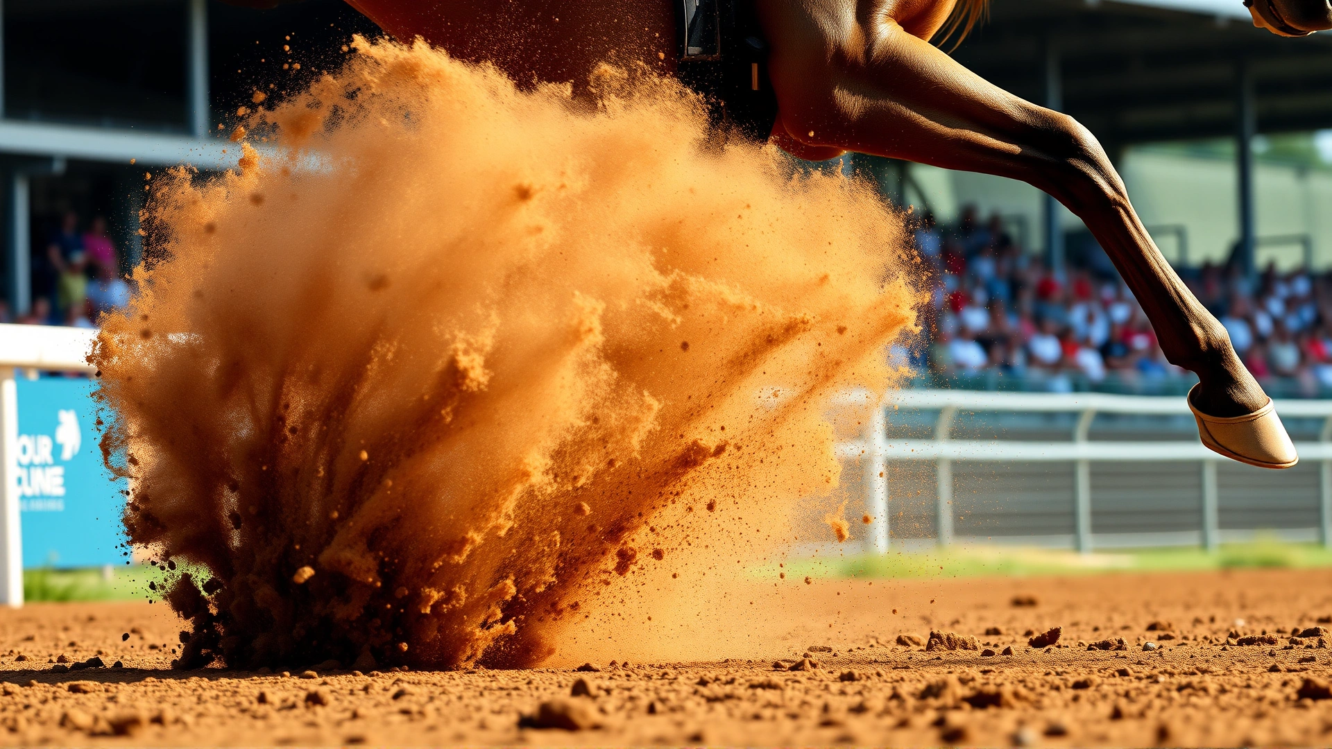 Action photo of a horse galloping on a hard dirt track, emphasizing dust and hoof impact to illustrate concussion risk.