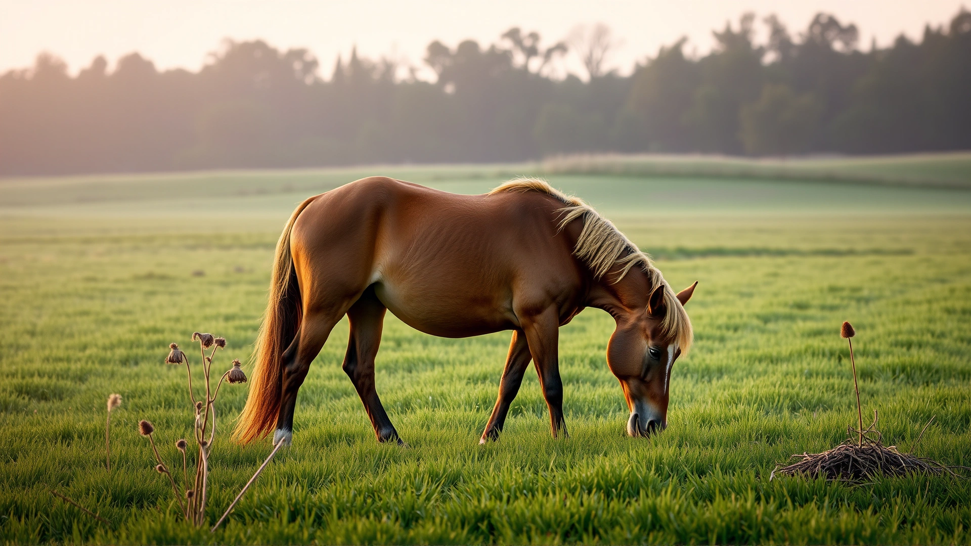 A chestnut horse peacefully grazing in a lush field with a few questionable plants visible nearby, early morning light