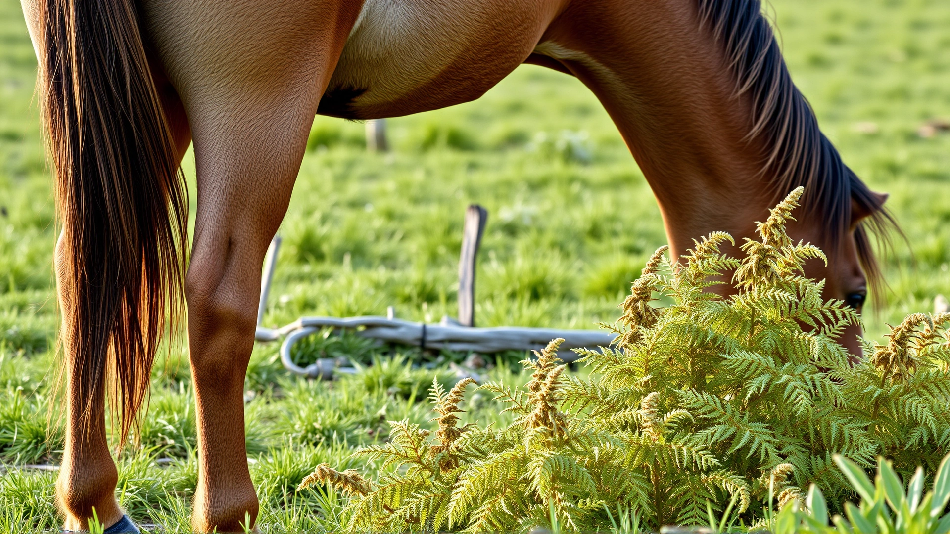 A side view of a curious horse sniffing or nibbling on a patch of bracken fern at the edge of a pasture, illustrating the source of poisoning, no text, natural light