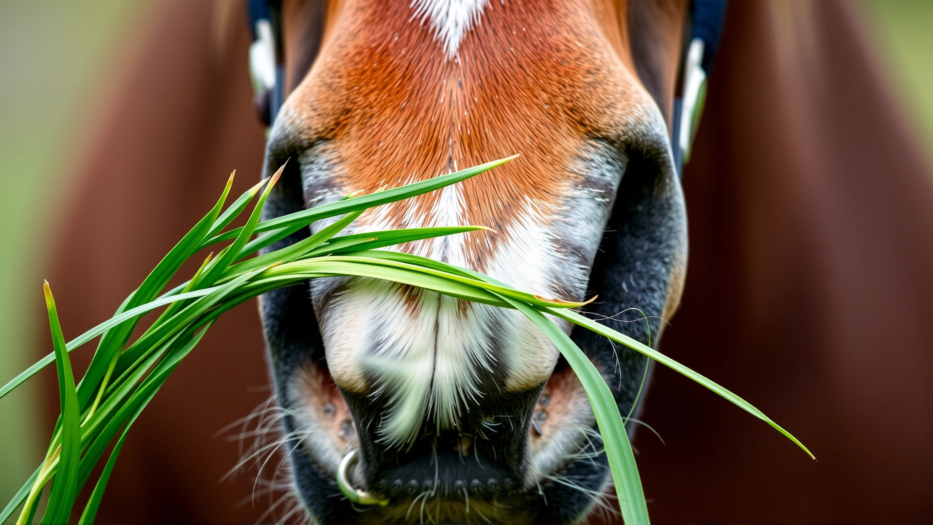 Close-up of a horse's muzzle gently pulling fresh green grass, capturing detail and freshness, no text