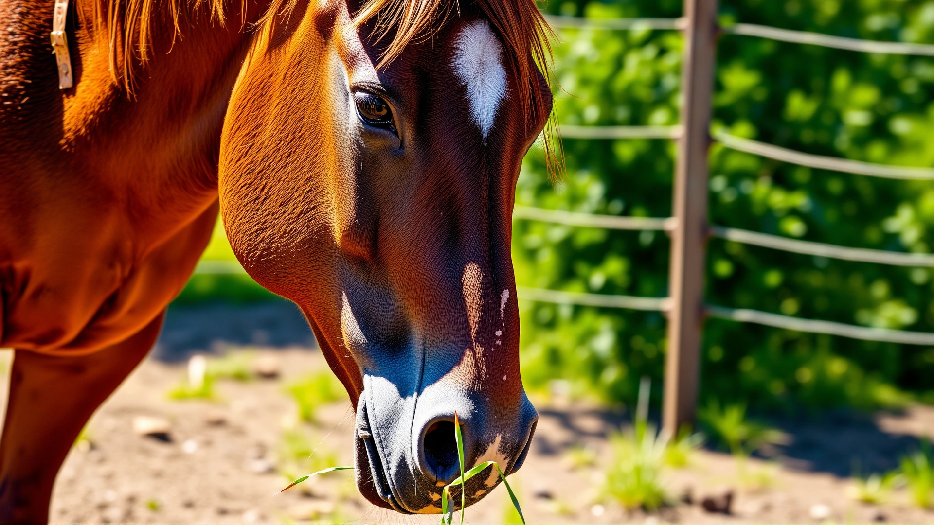 Side view of a bay horse wearing a grazing muzzle, nibbling on short grass in a sunny paddock