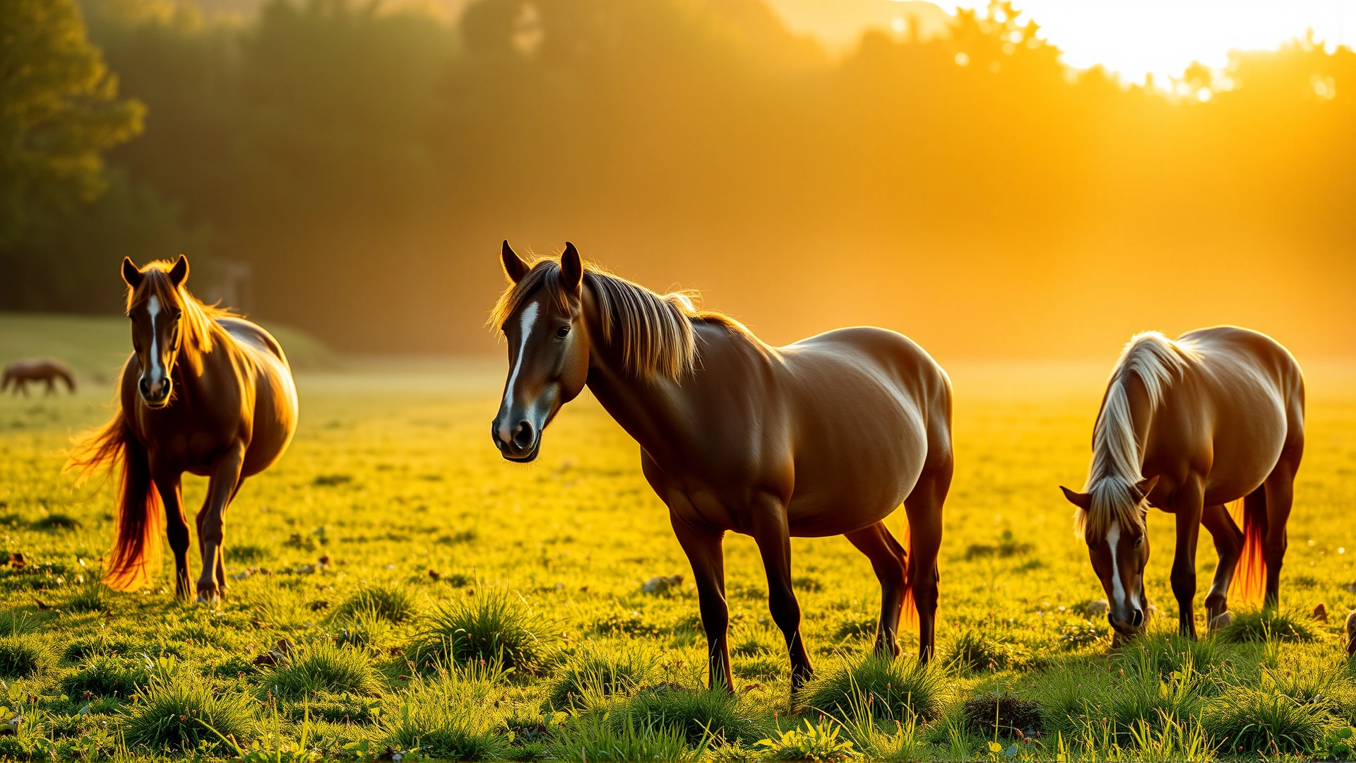 Several healthy horses calmly grazing in a lush green pasture at sunrise, soft golden backlighting and gentle morning mist.