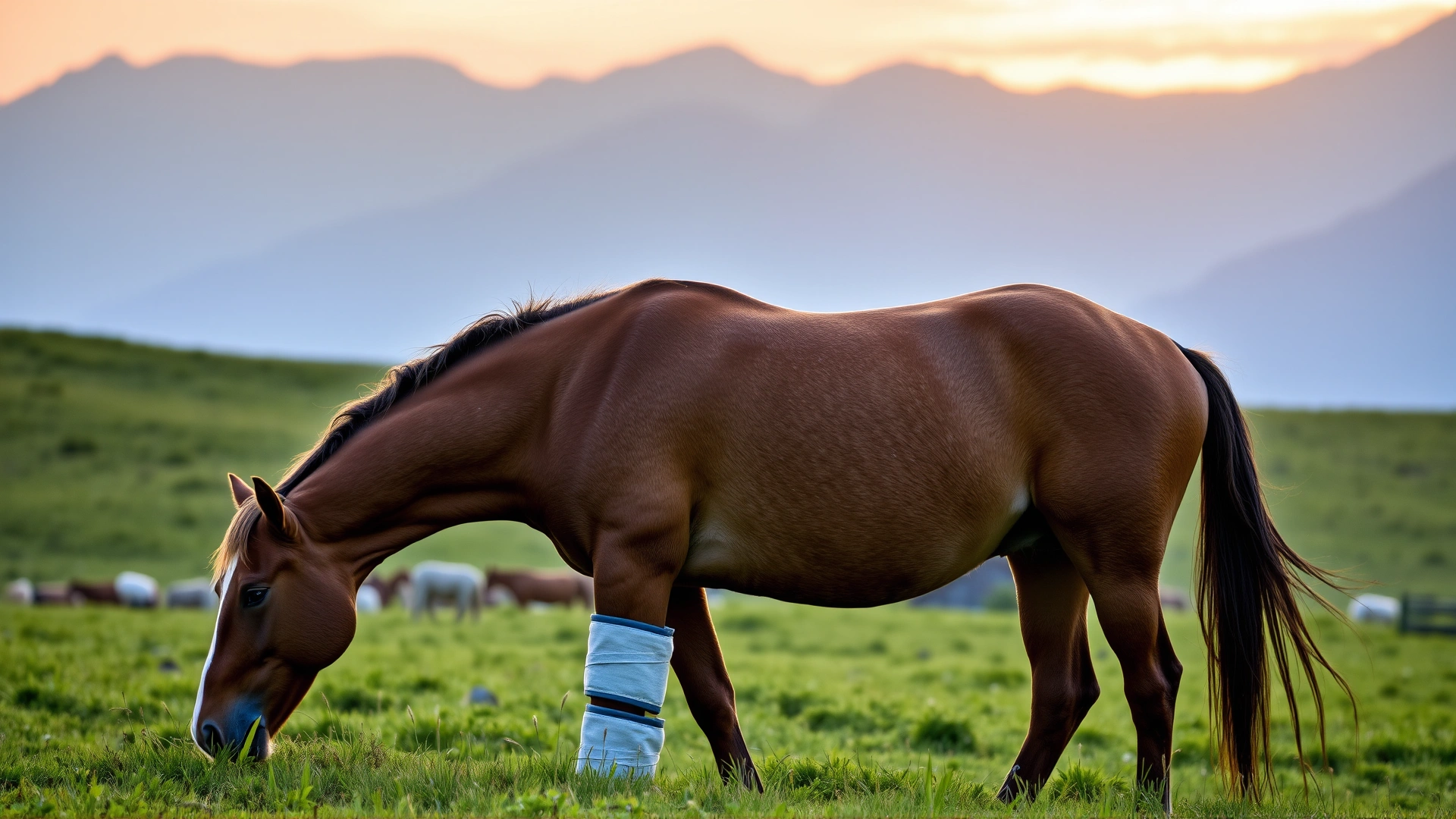 Relaxed horse with light protective bandages grazing in a green pasture at sunrise, mountains in background, no text