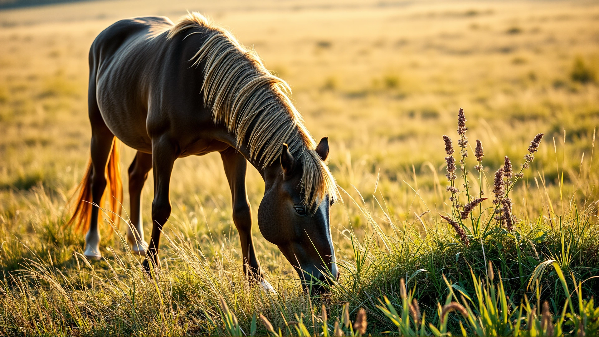 A serene pasture scene showing a horse grazing amidst mixed grasses, with a patch of nightshade plants subtly visible nearby, early morning light