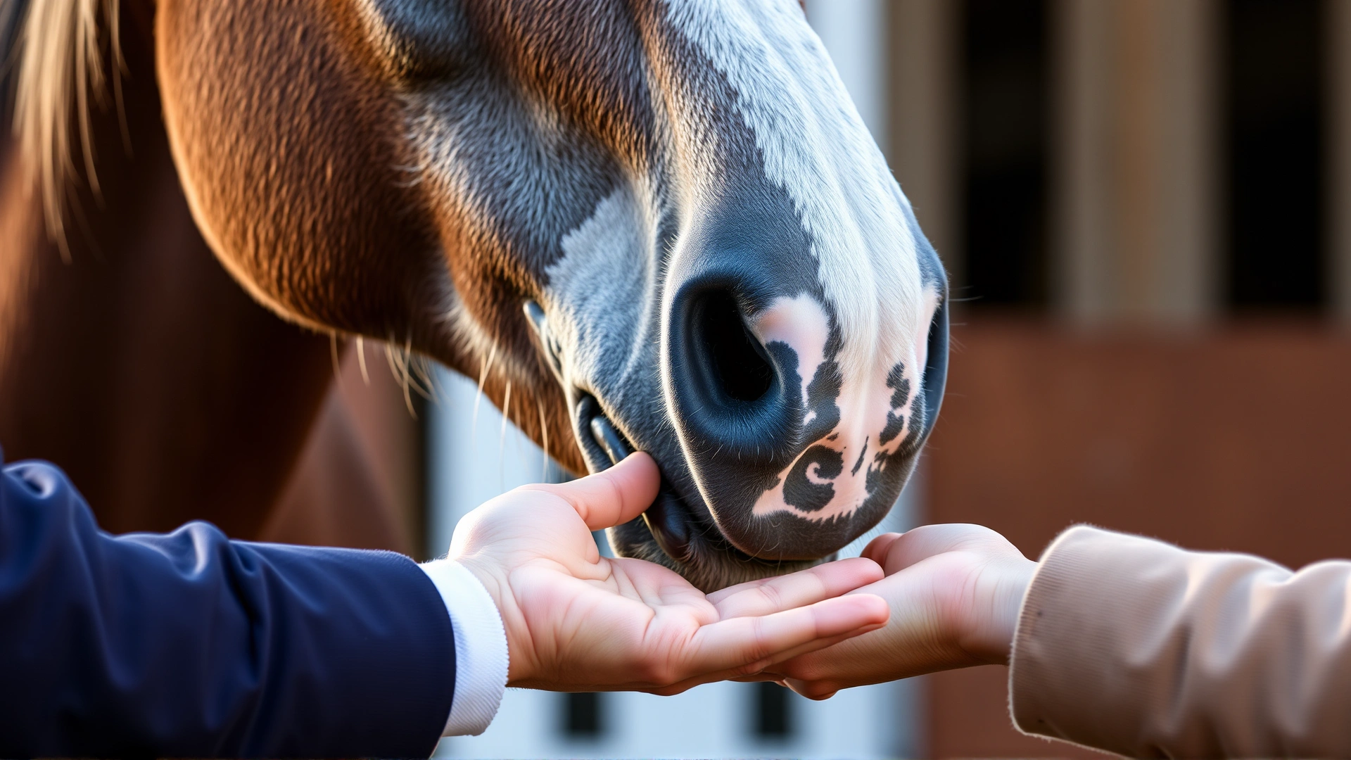 Close-up of a horse sniffing the back of a human hand offered gently, stable background, natural lighting