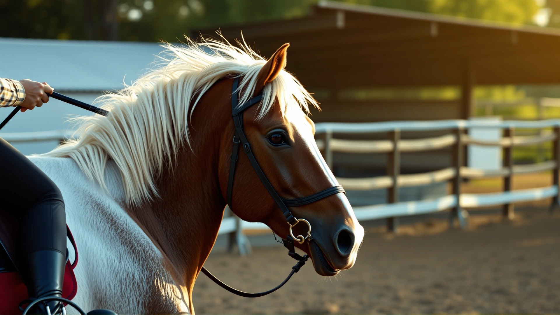 Wide shot of an Arabian horse getting its mane brushed by a rider in a sunlit paddock