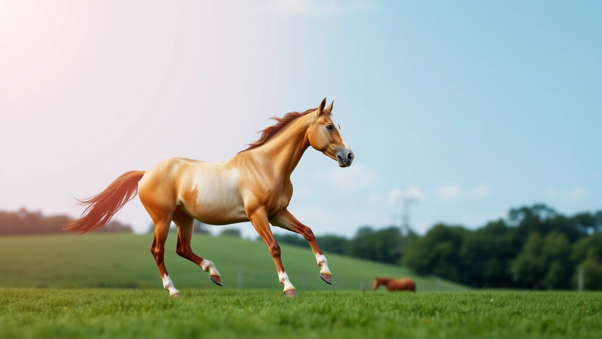 Bright image of a healthy horse cantering freely across a green field under a blue sky, symbolizing full recovery and well-being.