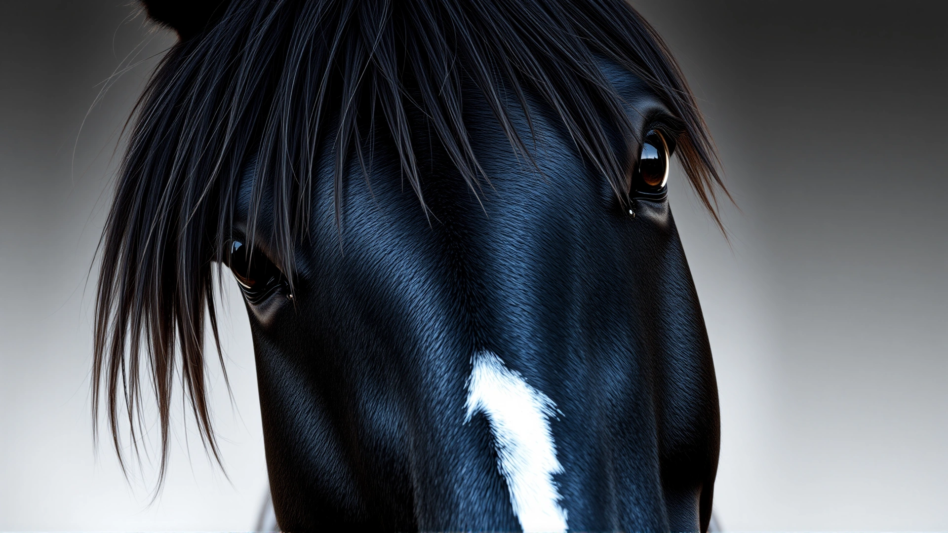 Close-up portrait of a Friesian horse’s head showing its expressive eyes, thick forelock, and shiny black coat