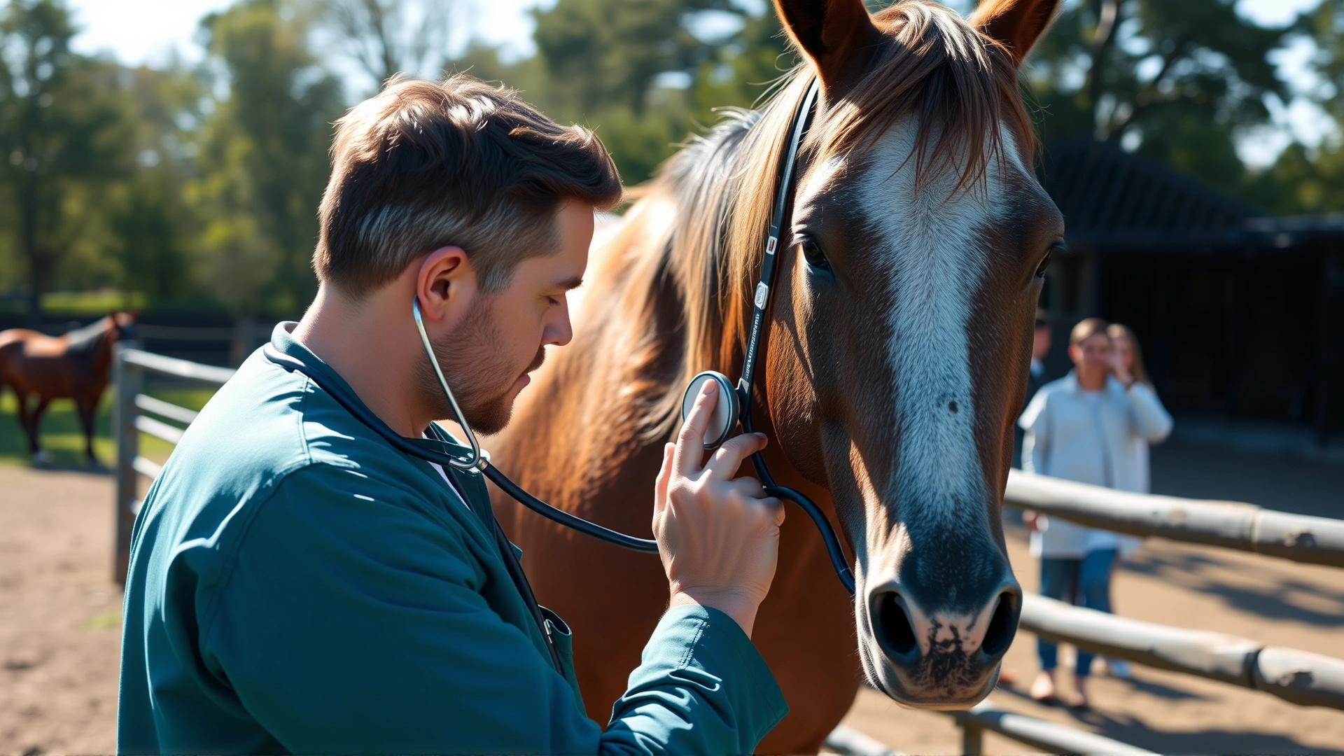 Side view of a veterinarian listening to a horse’s heart with a stethoscope in an outdoor paddock; bright natural lighting showing horse owner watching with concern.