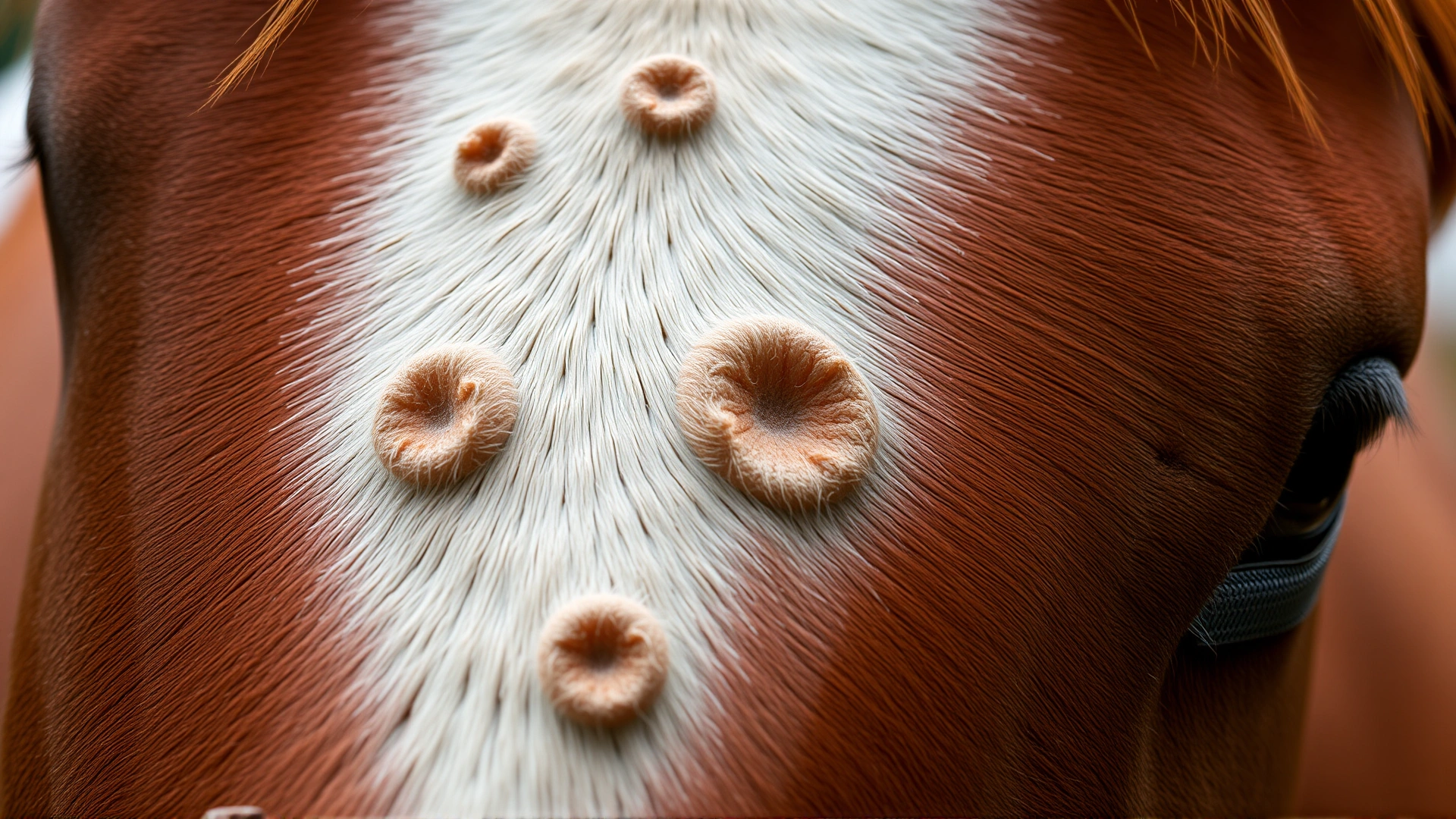 Close-up macro photograph of a chestnut horse’s coat showing distinct, raised circular hives on the skin