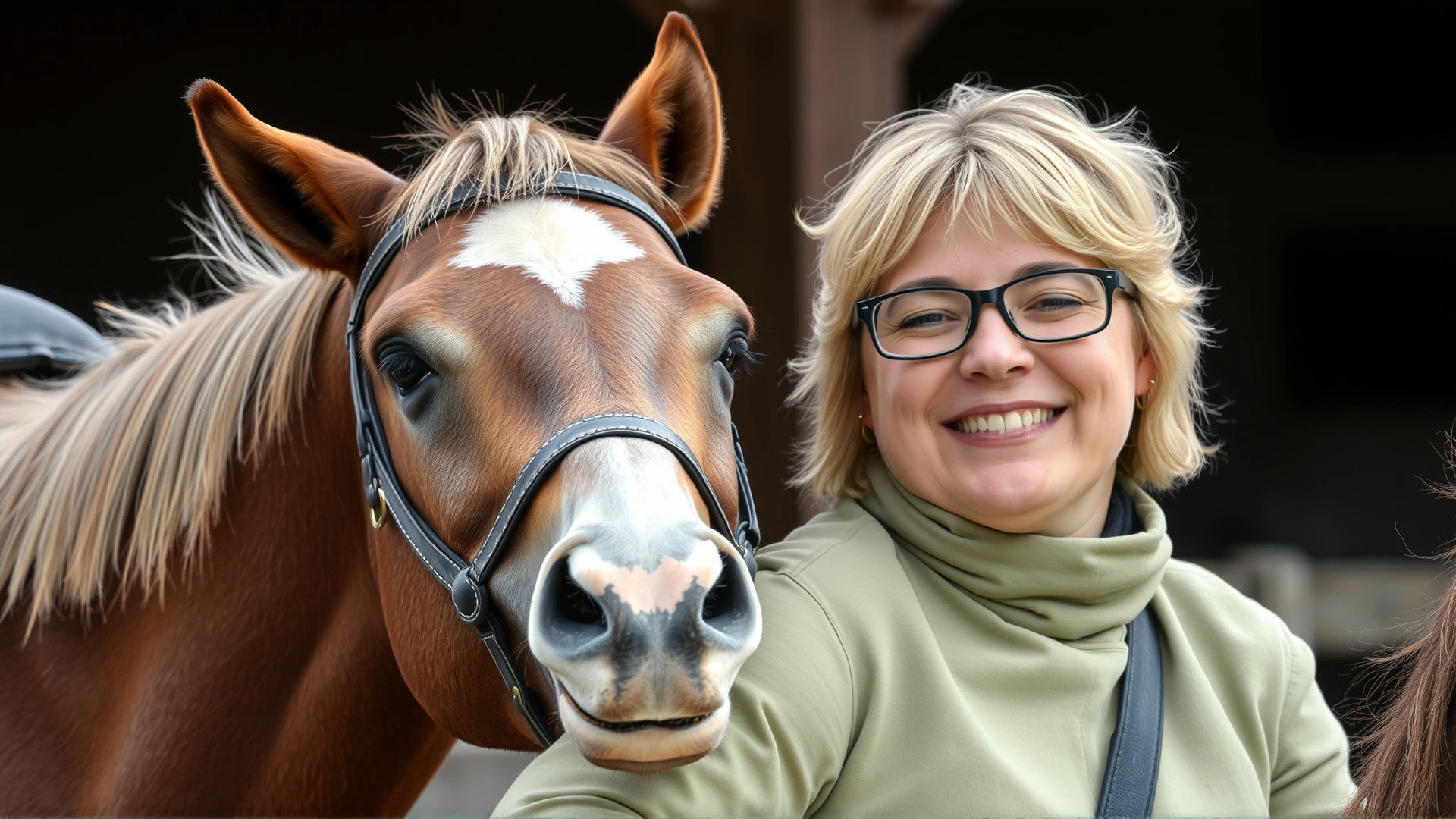 A relaxed horse resting its head on a smiling rider’s shoulder, showcasing the emotional bond between horse and human.