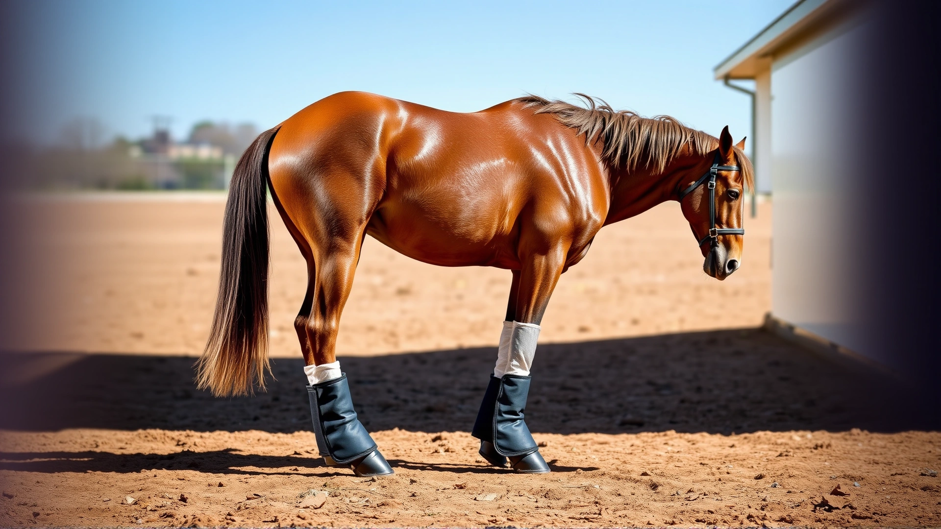 Side view of a horse wearing protective leg boots while standing on dry ground, illustrating preventive gear.