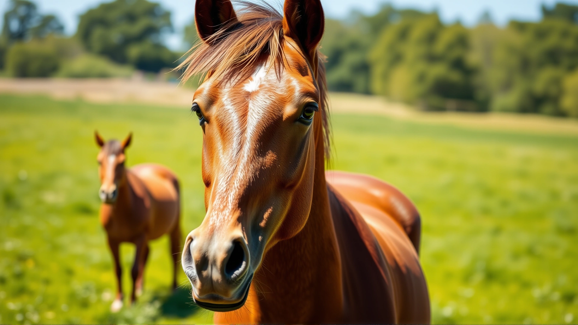 A bay horse standing in a bright green field under strong sunlight, squinting slightly as if irritated, showcasing light-triggered headshaking context.