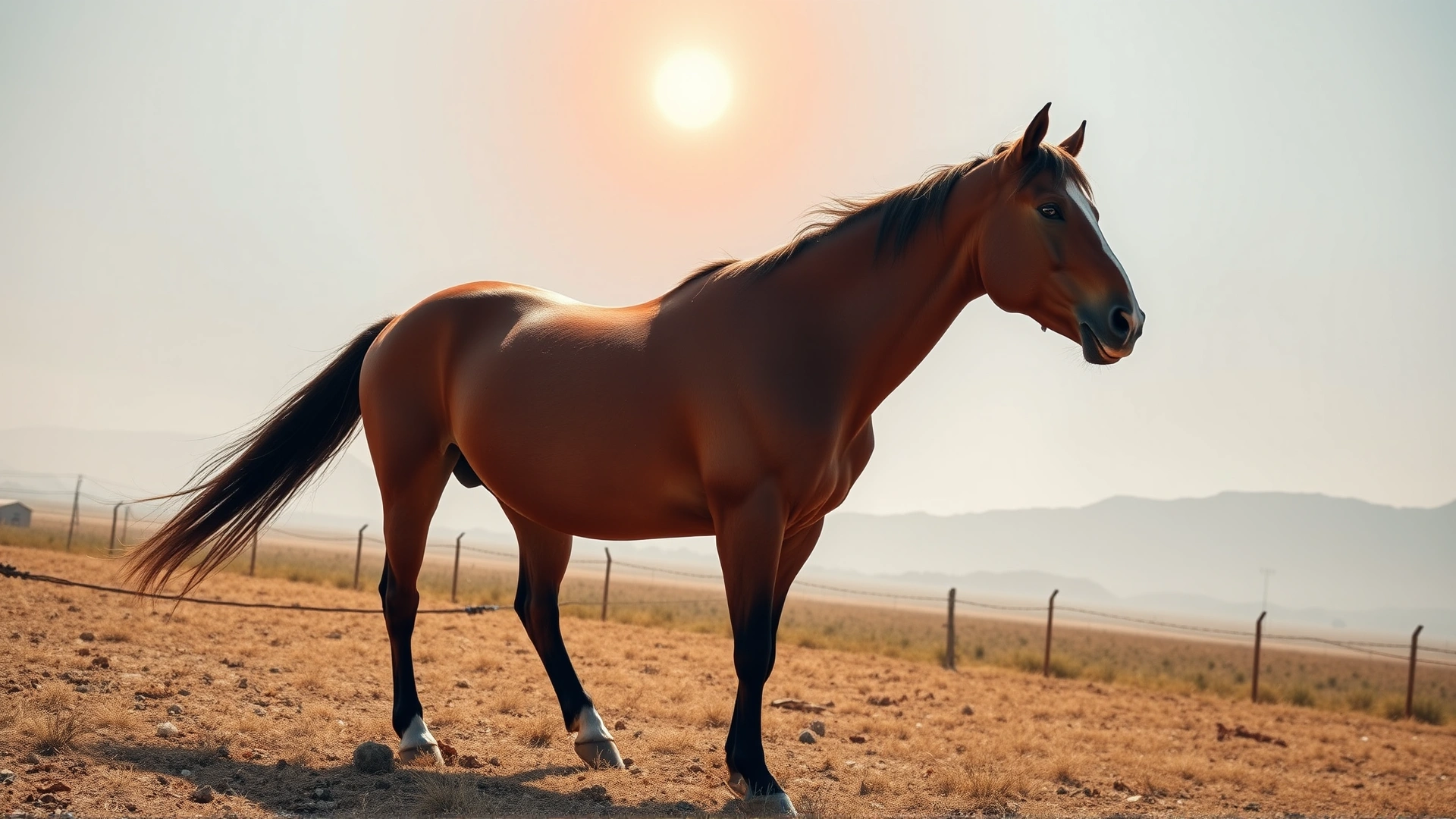 Horse standing in an open paddock under a blazing sun with a slightly hazy background to illustrate extreme heat conditions.