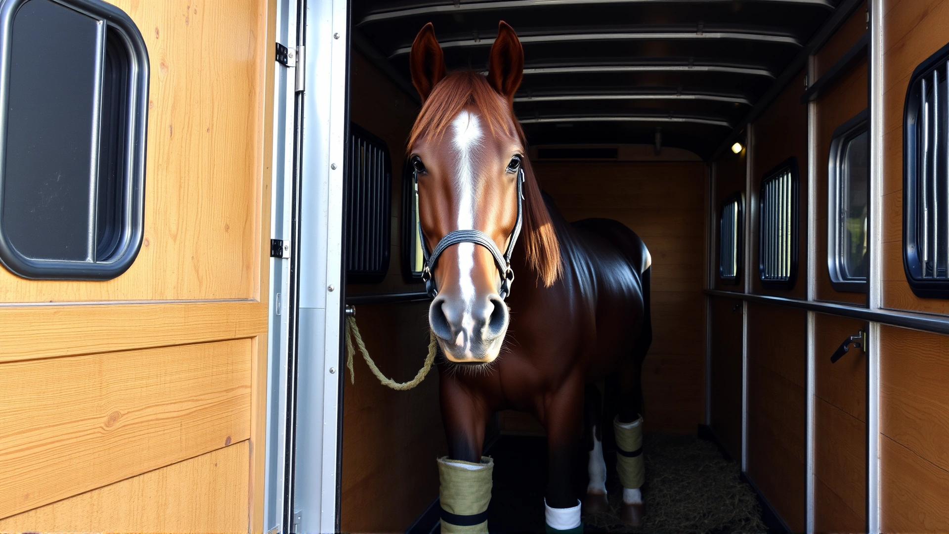 Interior view of a horse trailer showing a horse tied calmly with protective leg wraps and a hay net, soft ambient lighting.