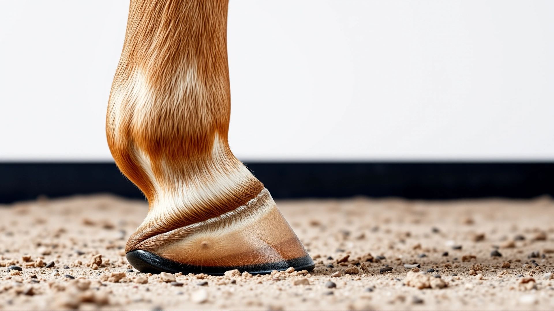 Macro photograph focusing on a horse's lower leg and fetlock joint, showing healthy skin and clean hoof on a neutral background