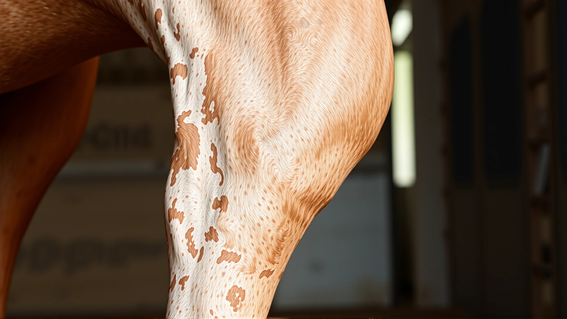 Close-up of a horse's front knee joint with healthy cartilage visuals, shot inside a stable with soft natural light