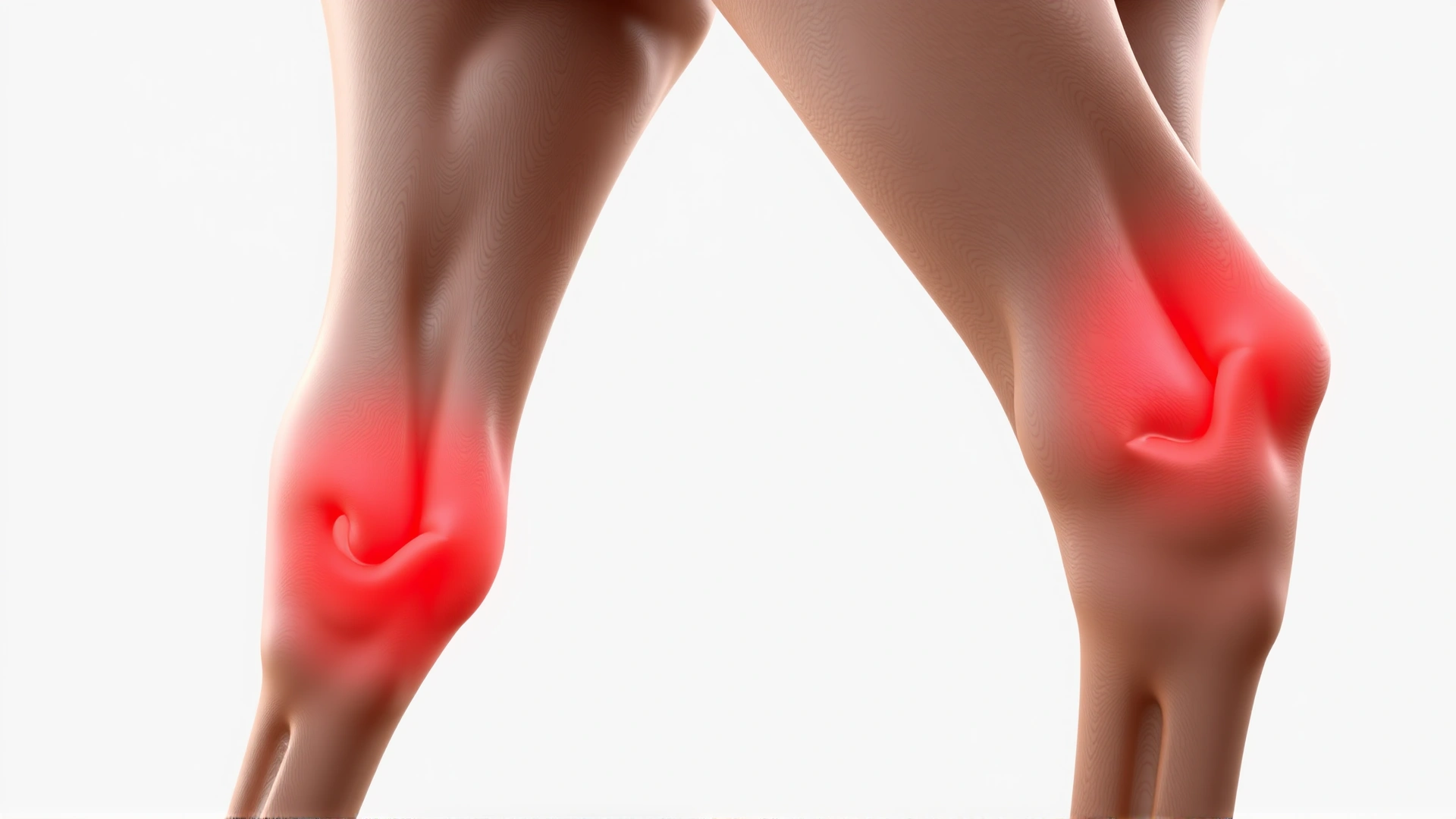 Detailed anatomical 3D render of a horse leg focusing on major joints with subtle red highlights showing inflammation areas, white background, no text