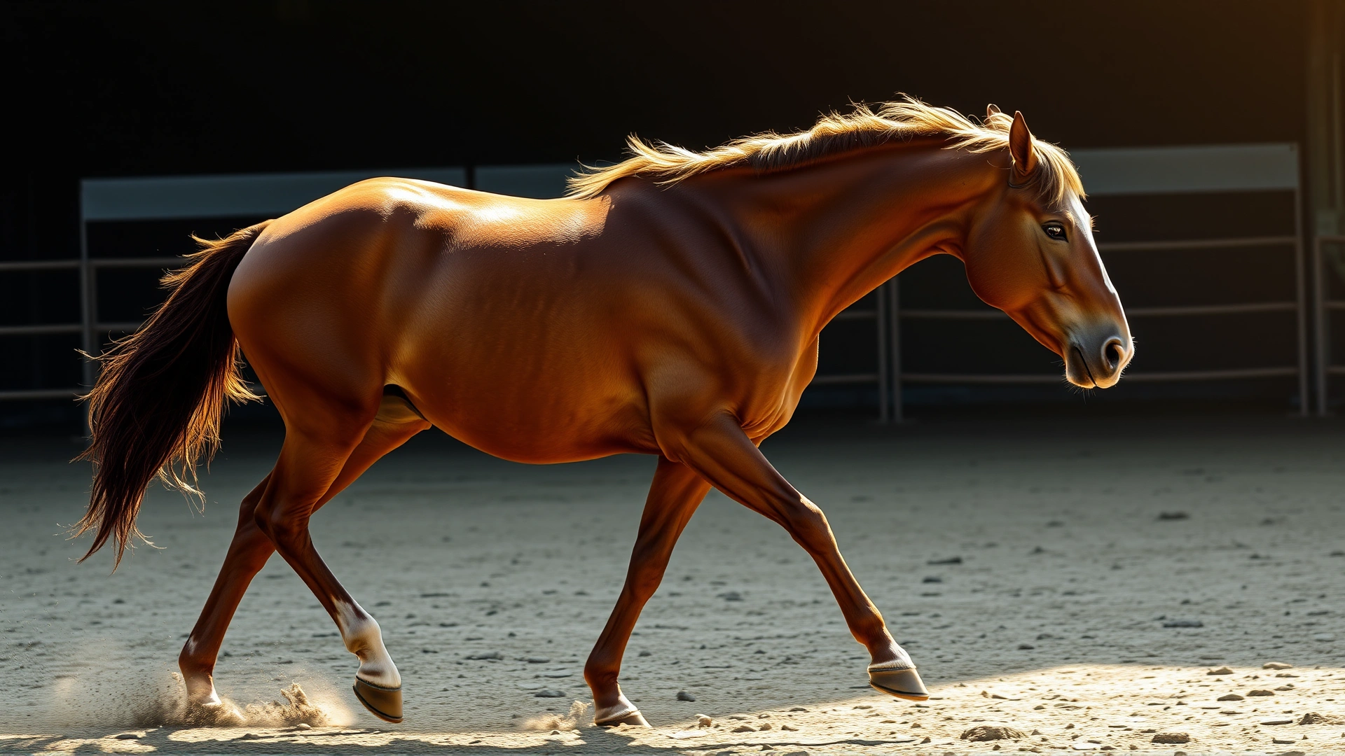 Bay horse trotting in an arena with a noticeable slight head bob indicating lameness, captured mid-stride, dust particles in sunlight, realistic photography