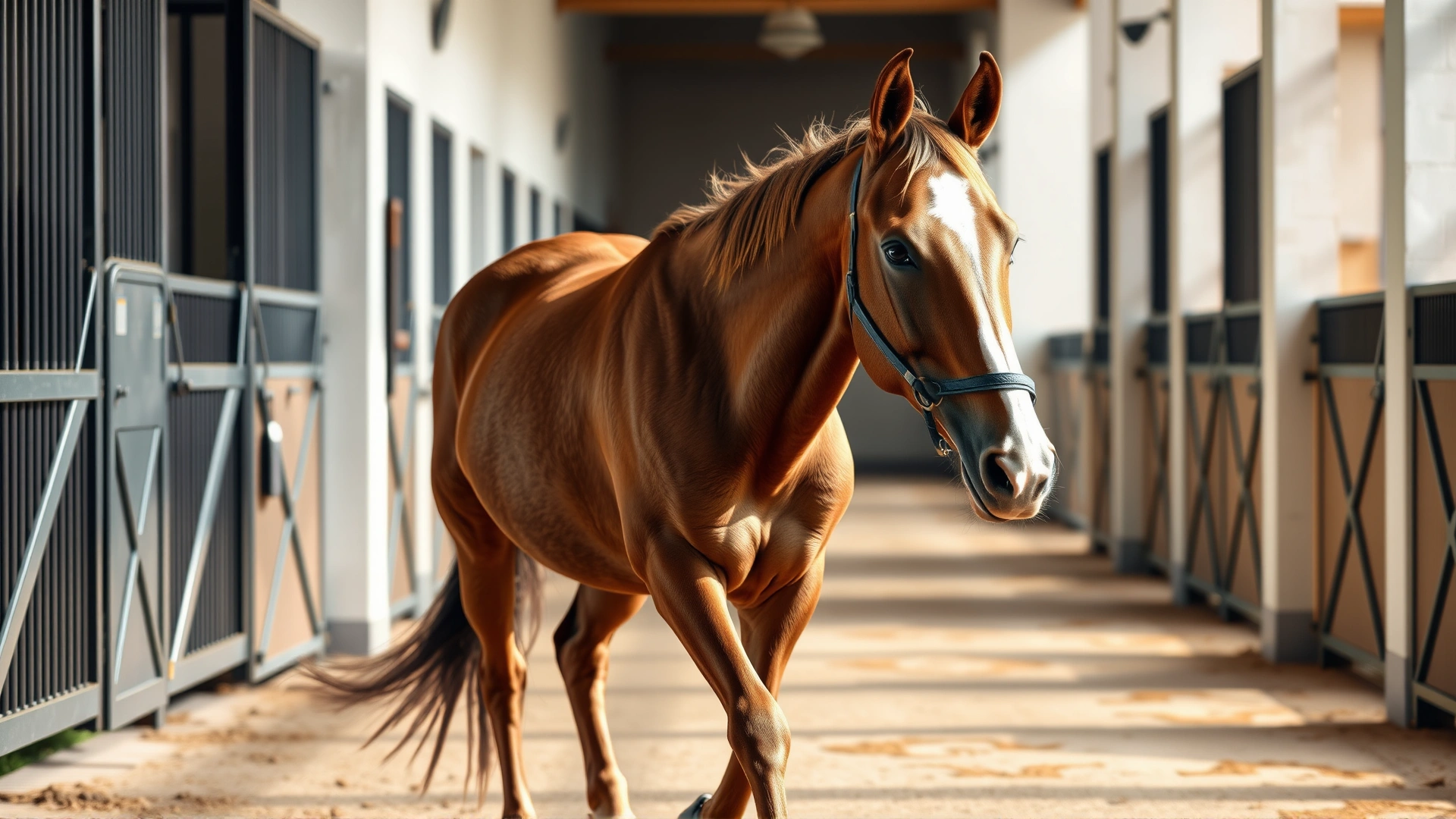 A horse showing slight lameness while walking in a stable corridor, captured in natural light