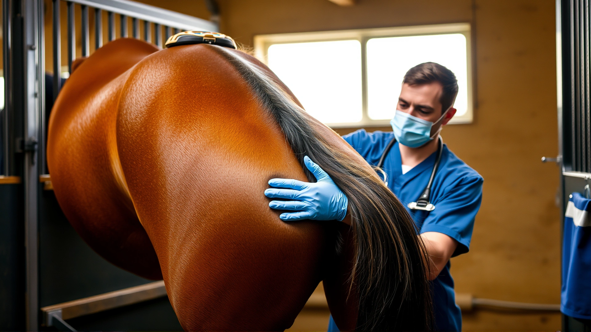 Veterinarian gently examining the hock area of a bay horse inside a stable, focus on the professional's hands and the horse's hind leg