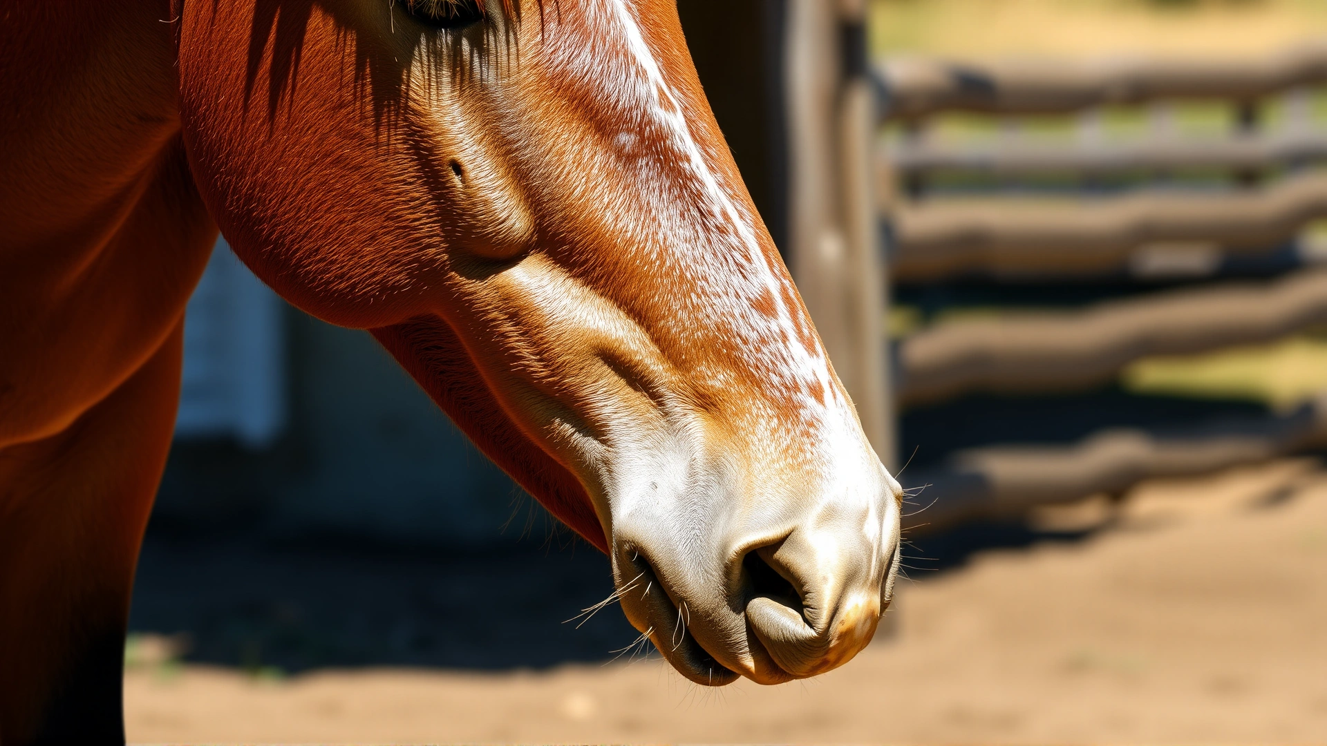 A brown horse bending its neck to lick its foreleg, capturing the behavior of ingesting botfly eggs, sunny paddock background, no text