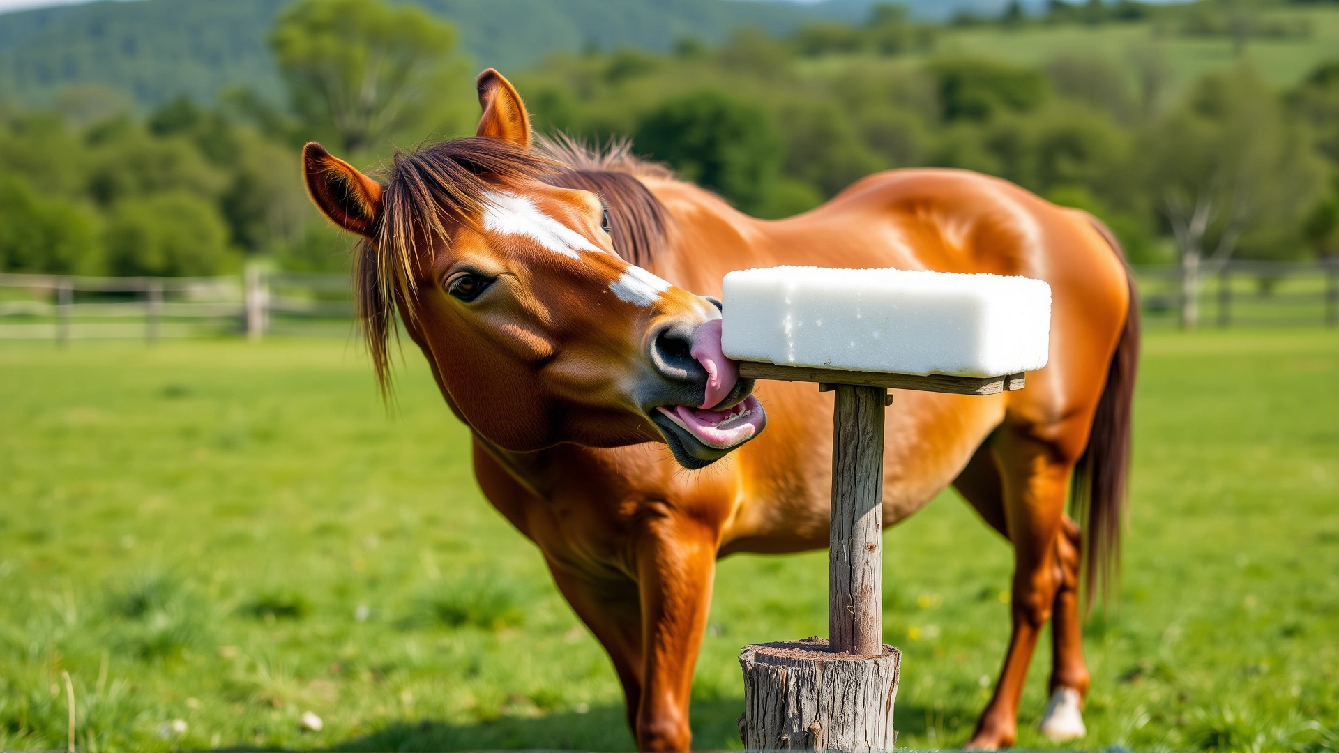 Chestnut horse in a grassy pasture extending its tongue to lick a white salt block mounted on a wooden post