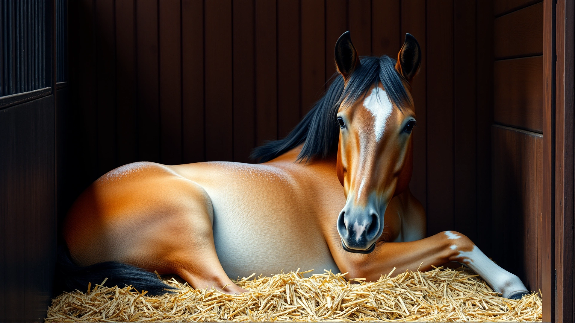 Horse lying comfortably on its side in a well-bedded stall with fresh straw, looking calm and secure.